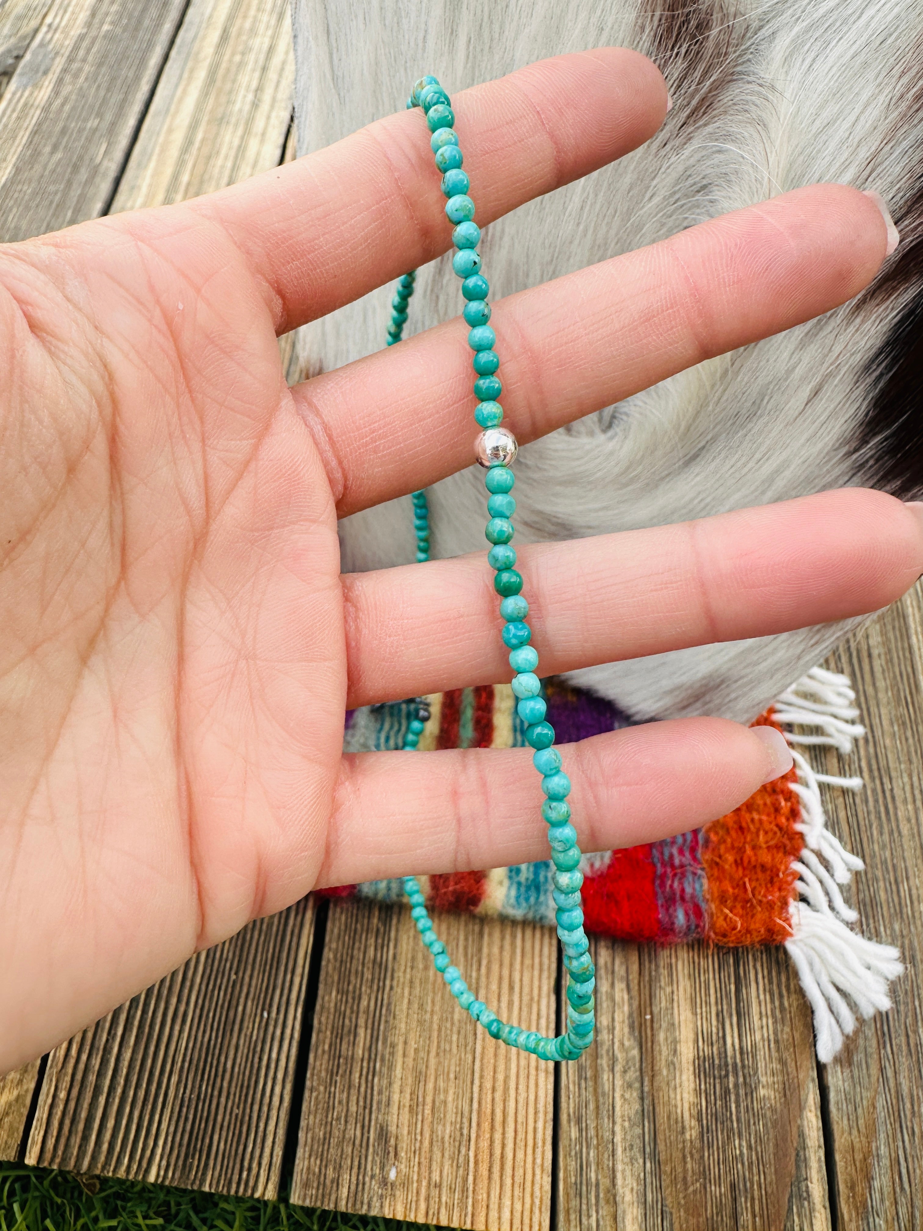 Handcrafted Turquoise & Sterling Silver Beaded 16” Necklace