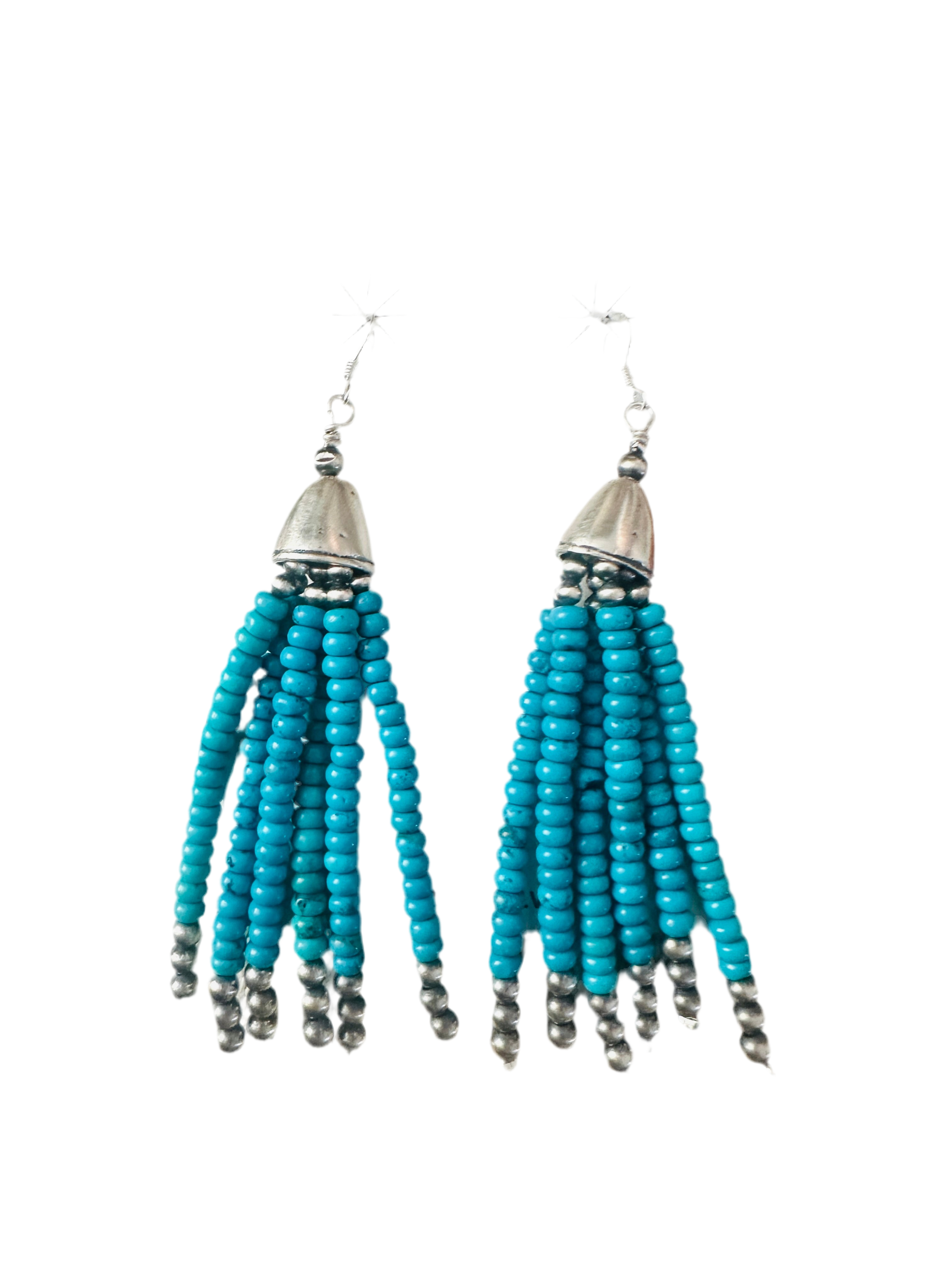 Handcrafted Turquoise & Sterling Silver Pearl Beaded Tassel Dangle Earrings