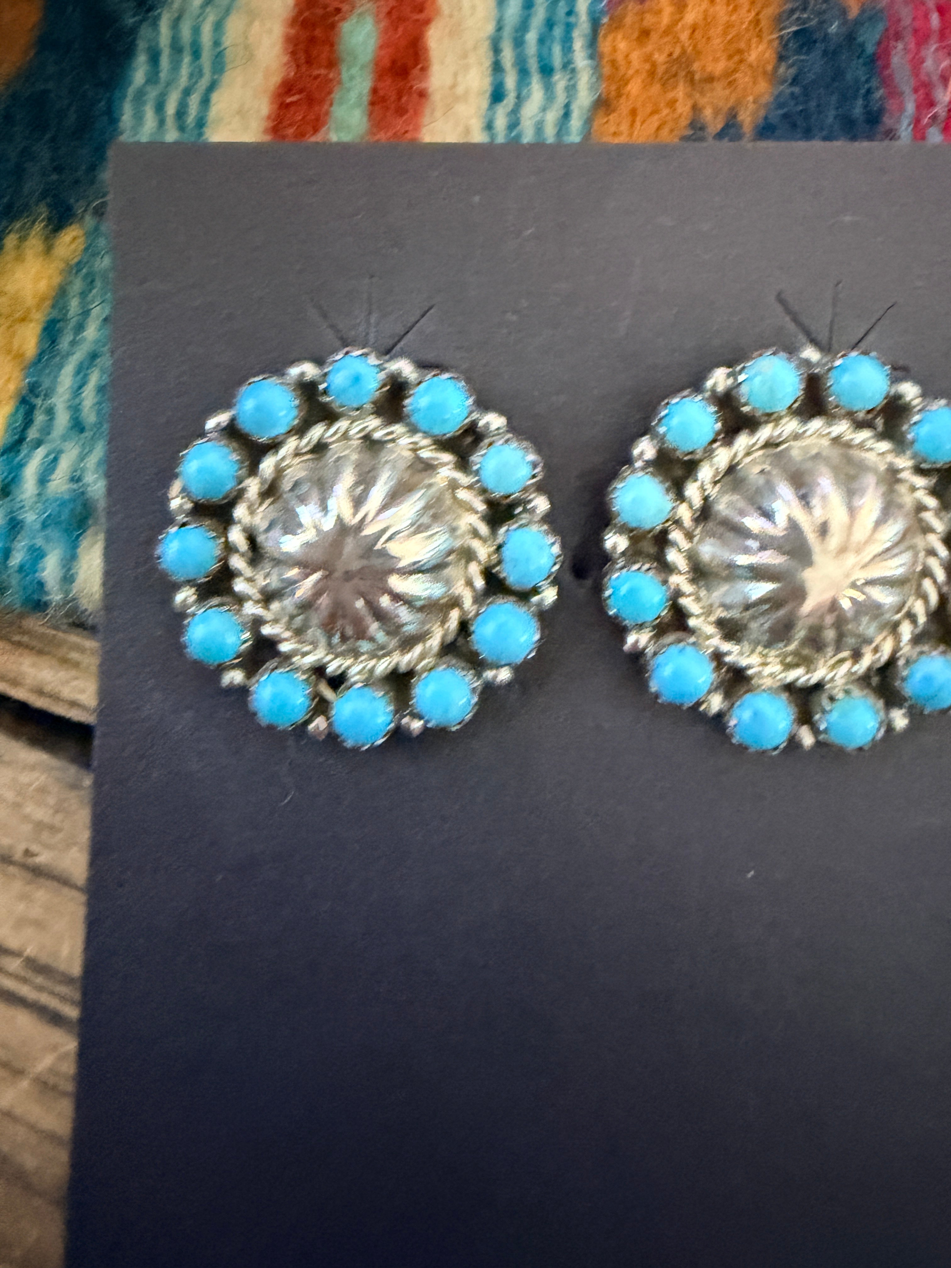 Handcrafted Old Pawn Sterling Silver & Turquoise Cluster Post Earrings