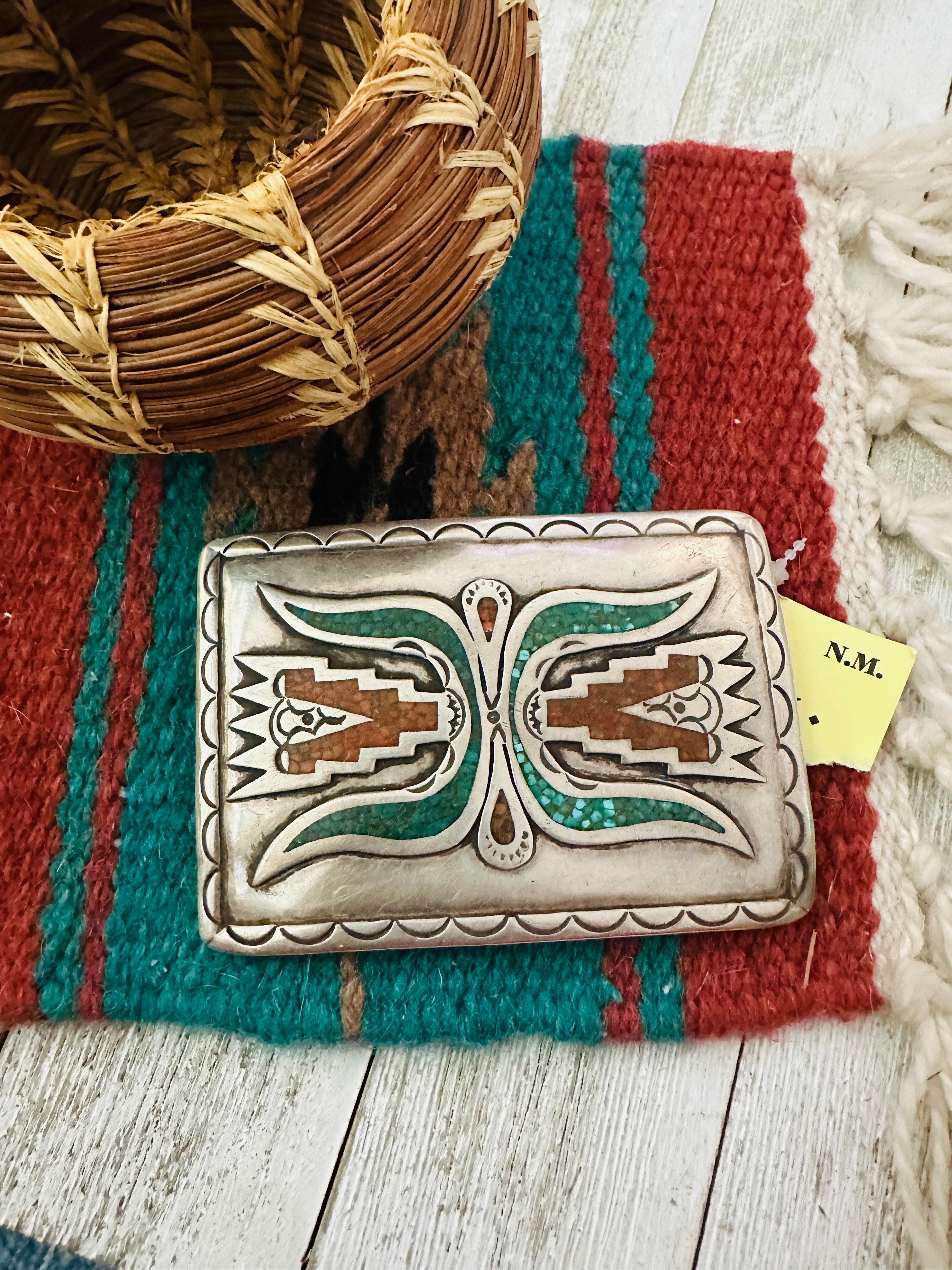 Handcrafted Vintage Old Pawn Turquoise, Coral & Sterling Silver Belt Buckle