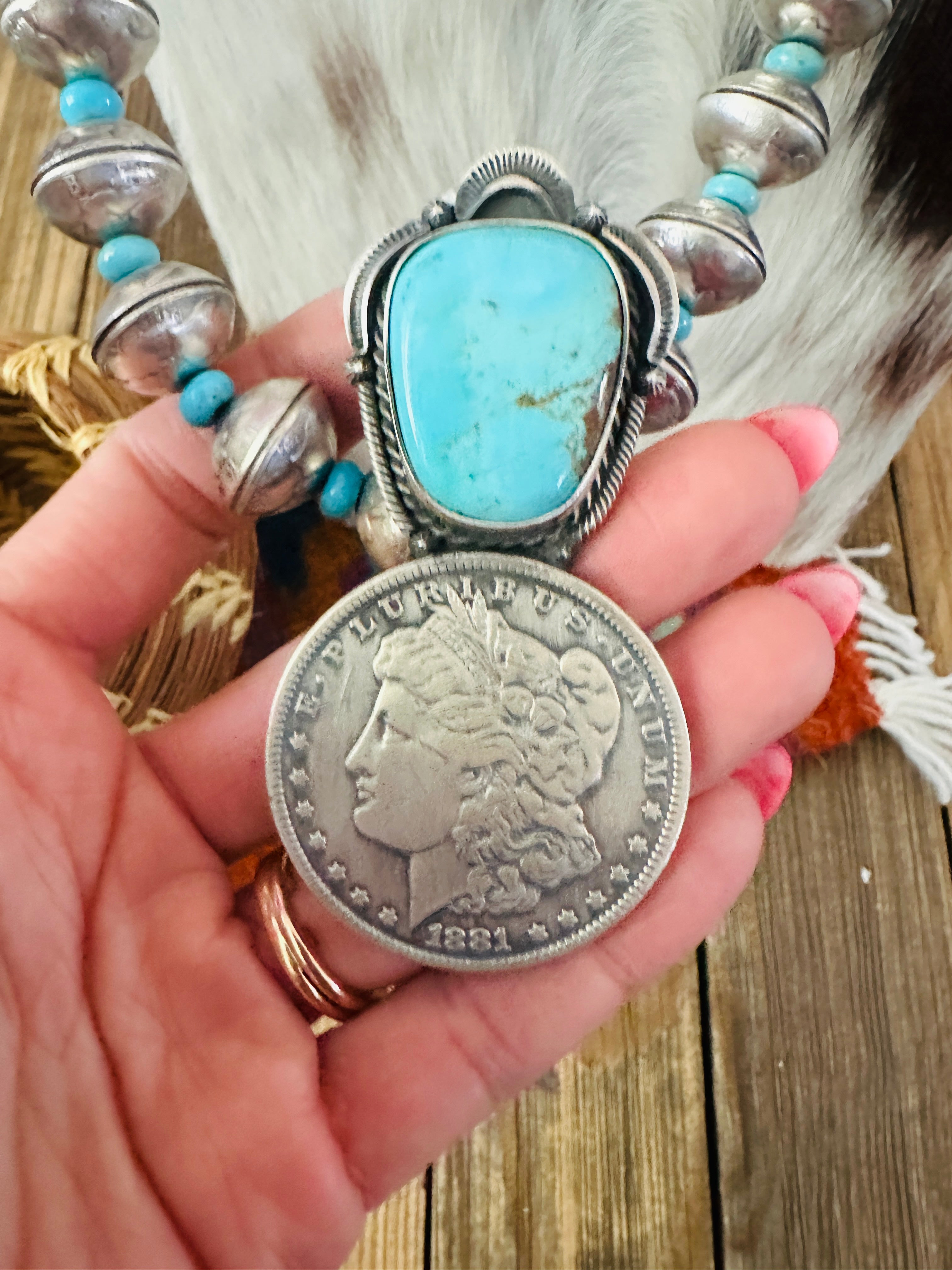 Handcrafted Turquoise & Sterling Silver Liberty Coin Beaded Necklace by James McCabe