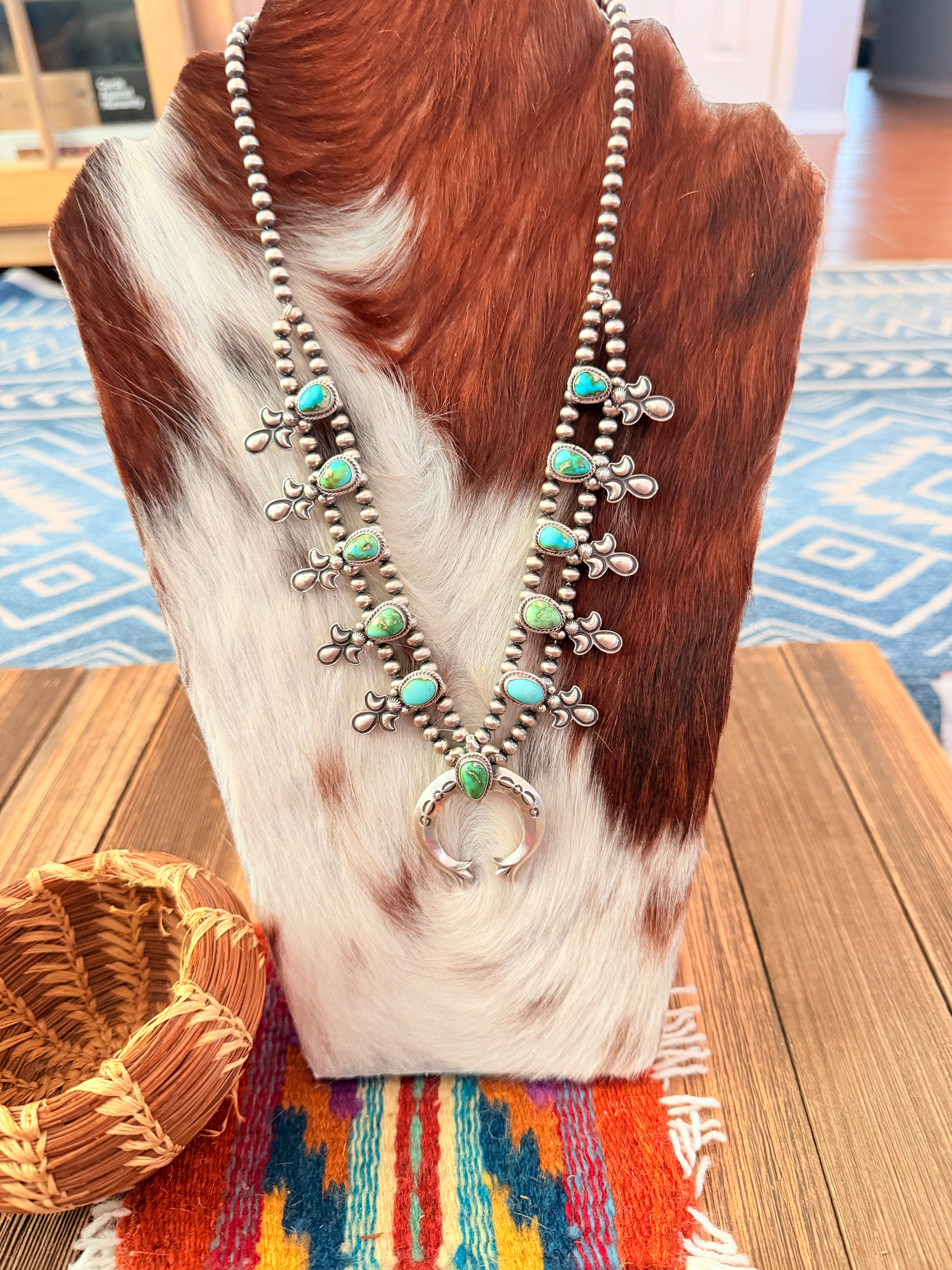 Handcrafted Sonoran Mountain Turquoise & Sterling Silver Beaded Squash Blossom Necklace by Adrienne Gordon