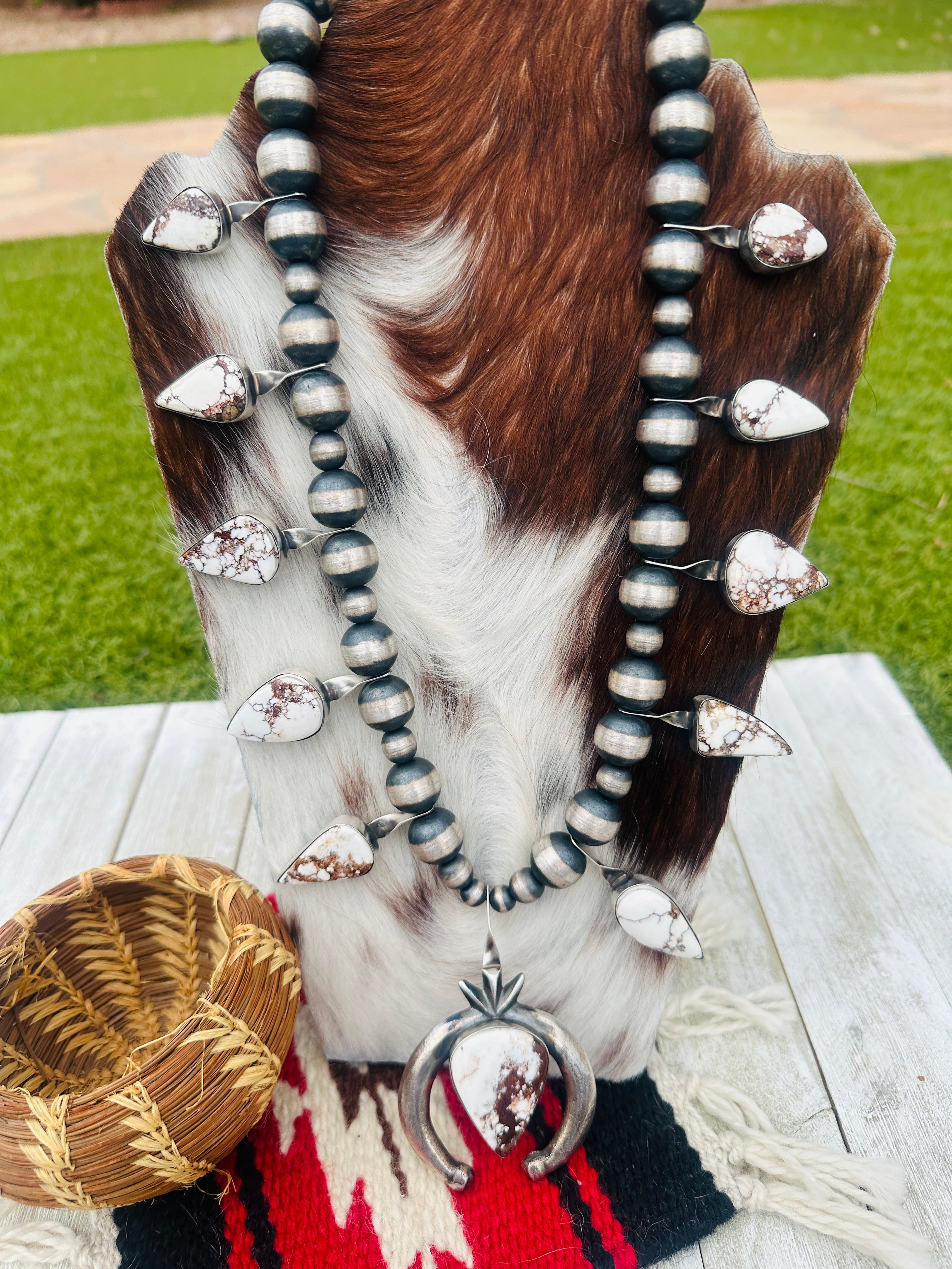 Handcrafted Wild Horse & Sterling Silver Beaded Squash Blossom Necklace by Chimney Butte