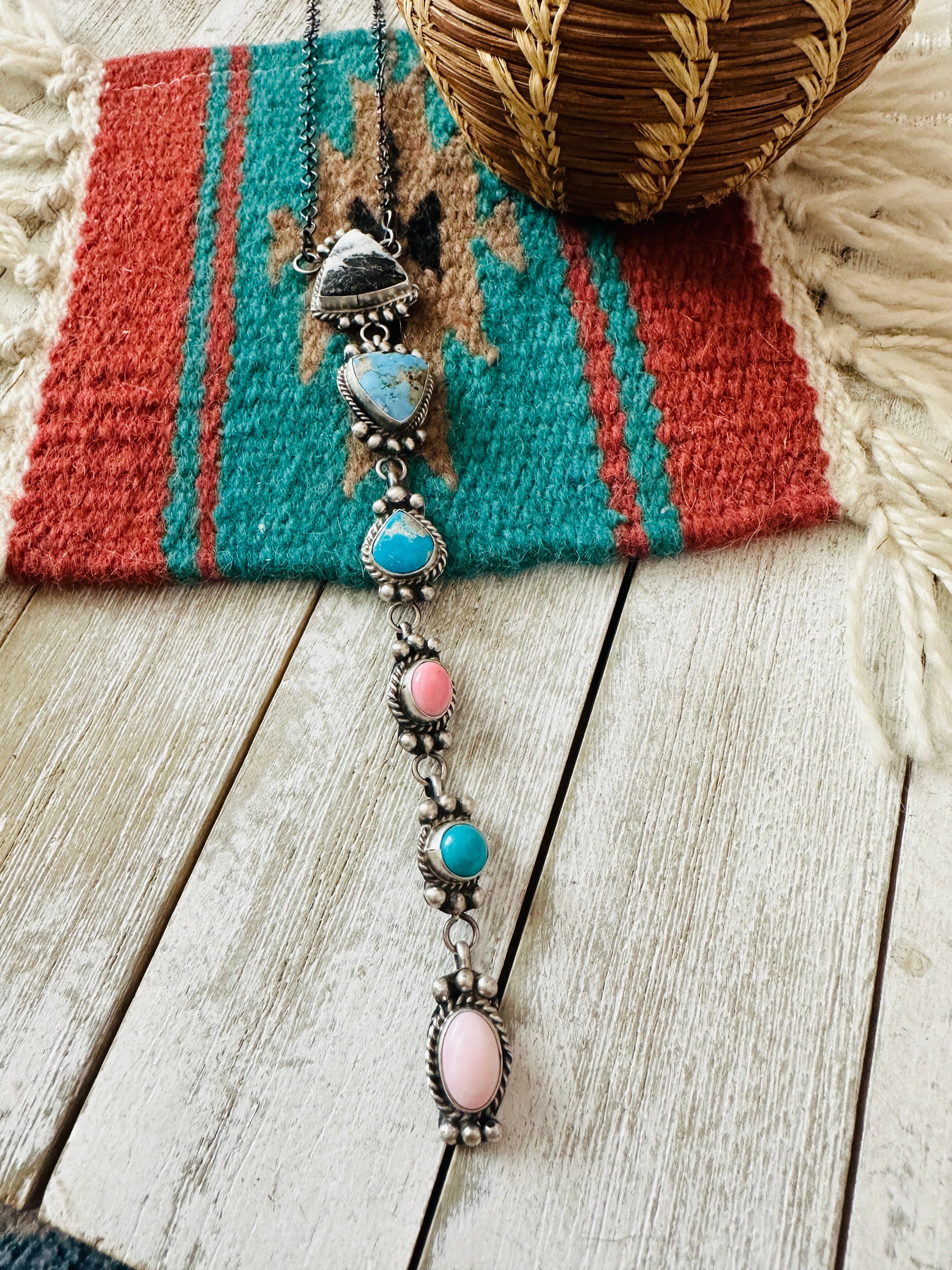 Handcrafted Sterling Silver & Multi Stone Lariat Necklace