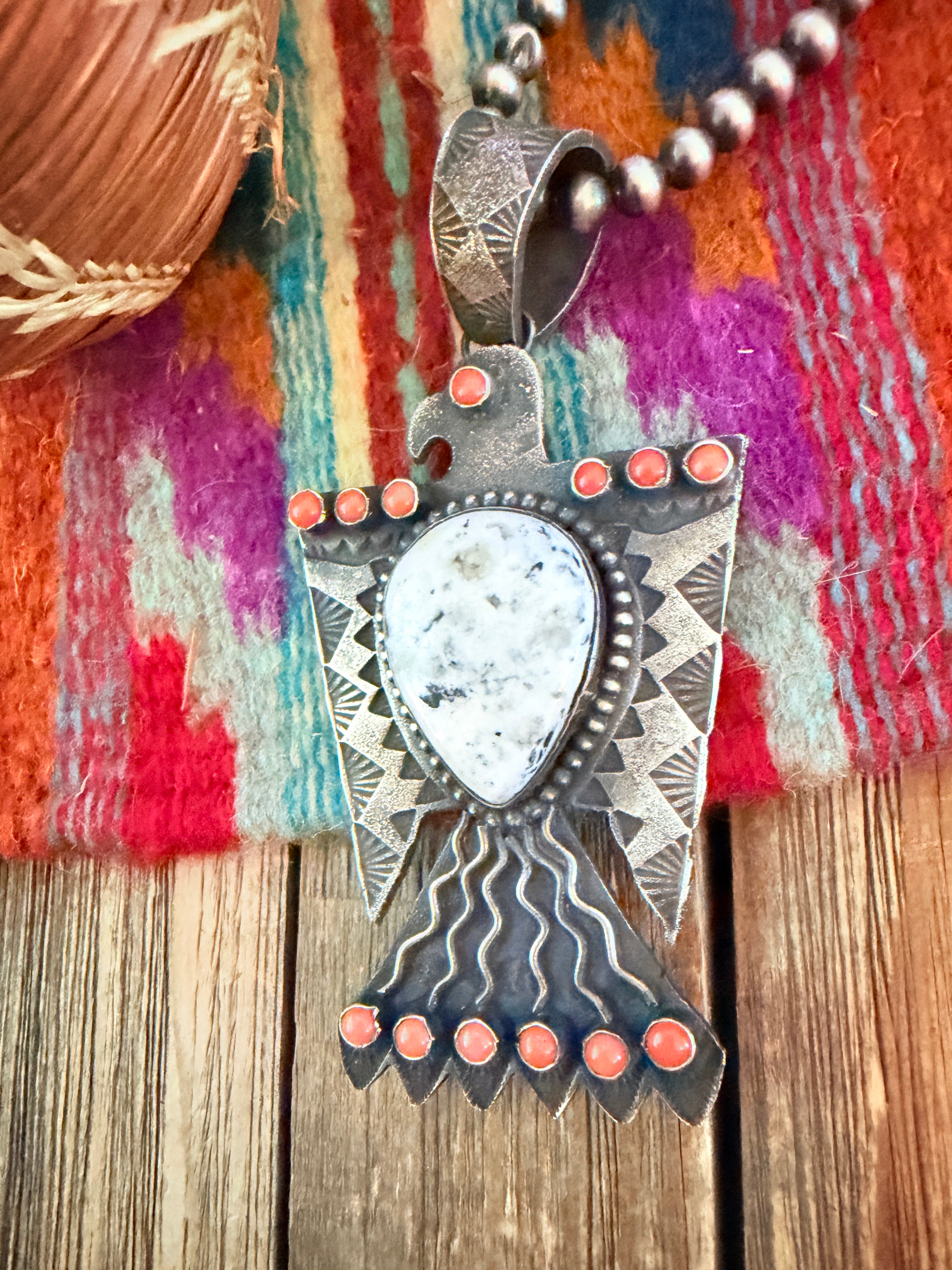 Handcrafted Sterling Silver, White Buffalo & Coral Thunderbird Pendant by Shawn Cayatineto