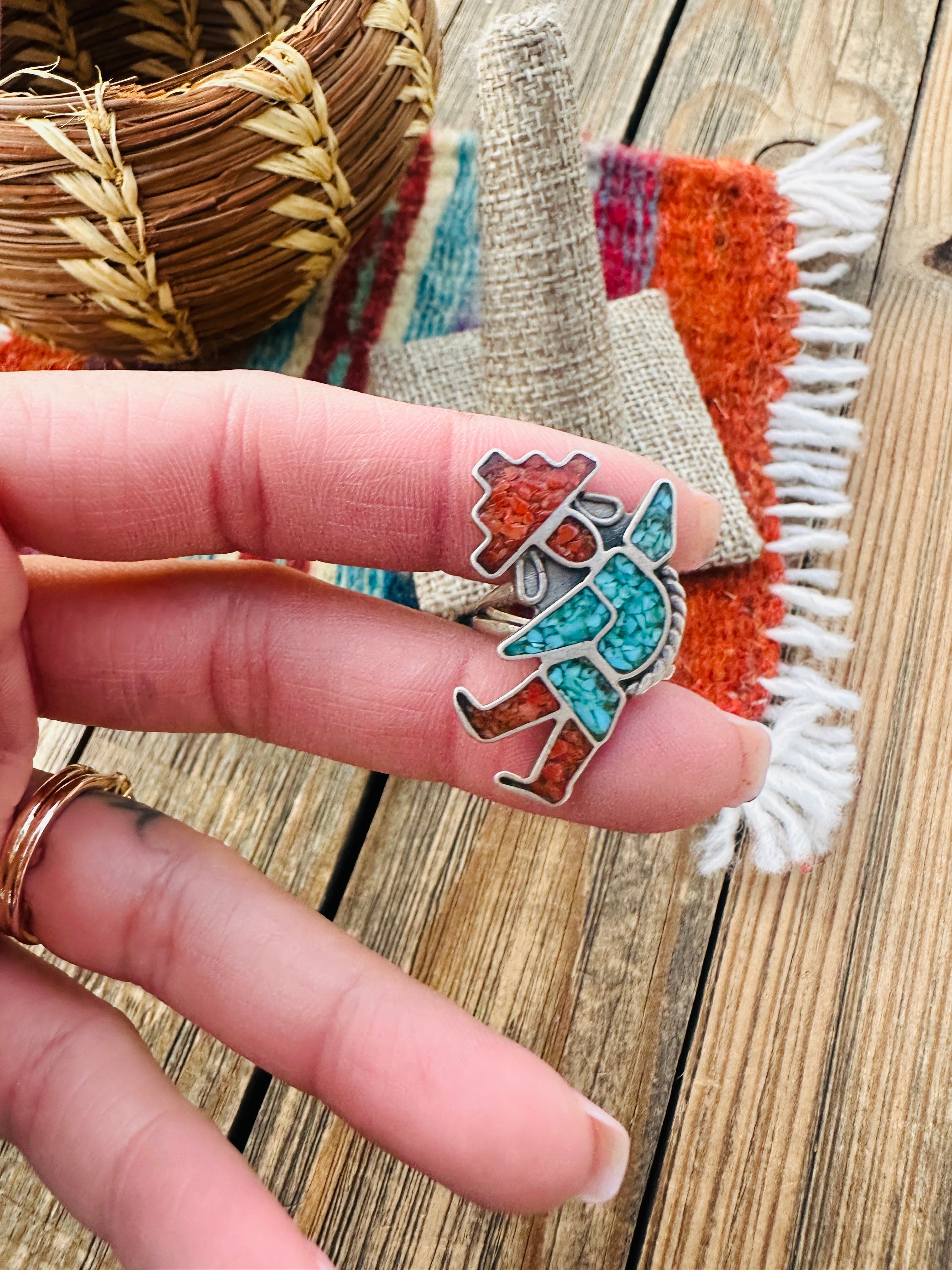 Old Pawn Handcrafted Turquoise, Coral & Sterling Silver Kokopelli Ring Size 5.75