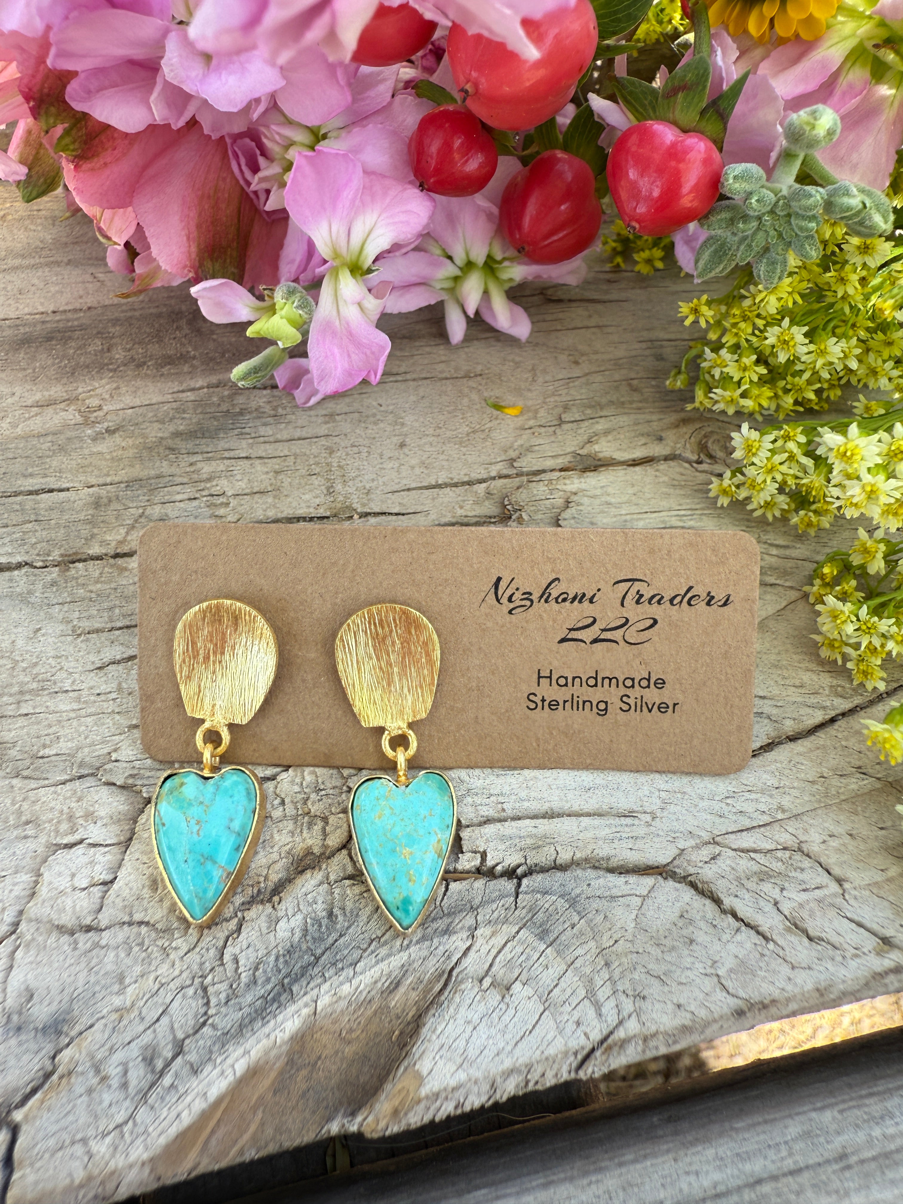 “The Golden Collection” Handmade Gold Plated Natural Turquoise Heart Dangle Earrings