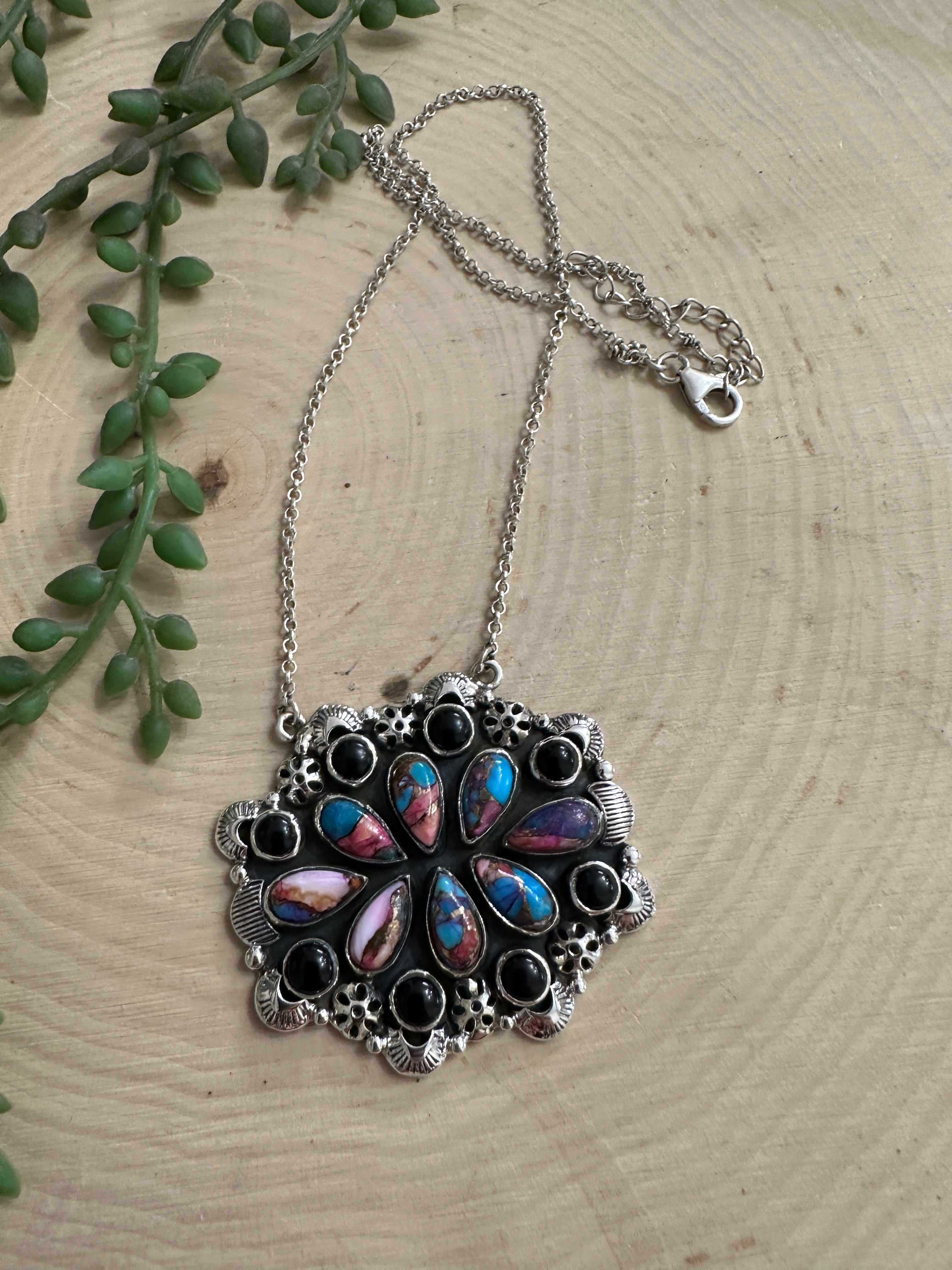 Beautiful Handmade Sterling Silver, Pink Dream Mojave & Onyx Cluster Necklace