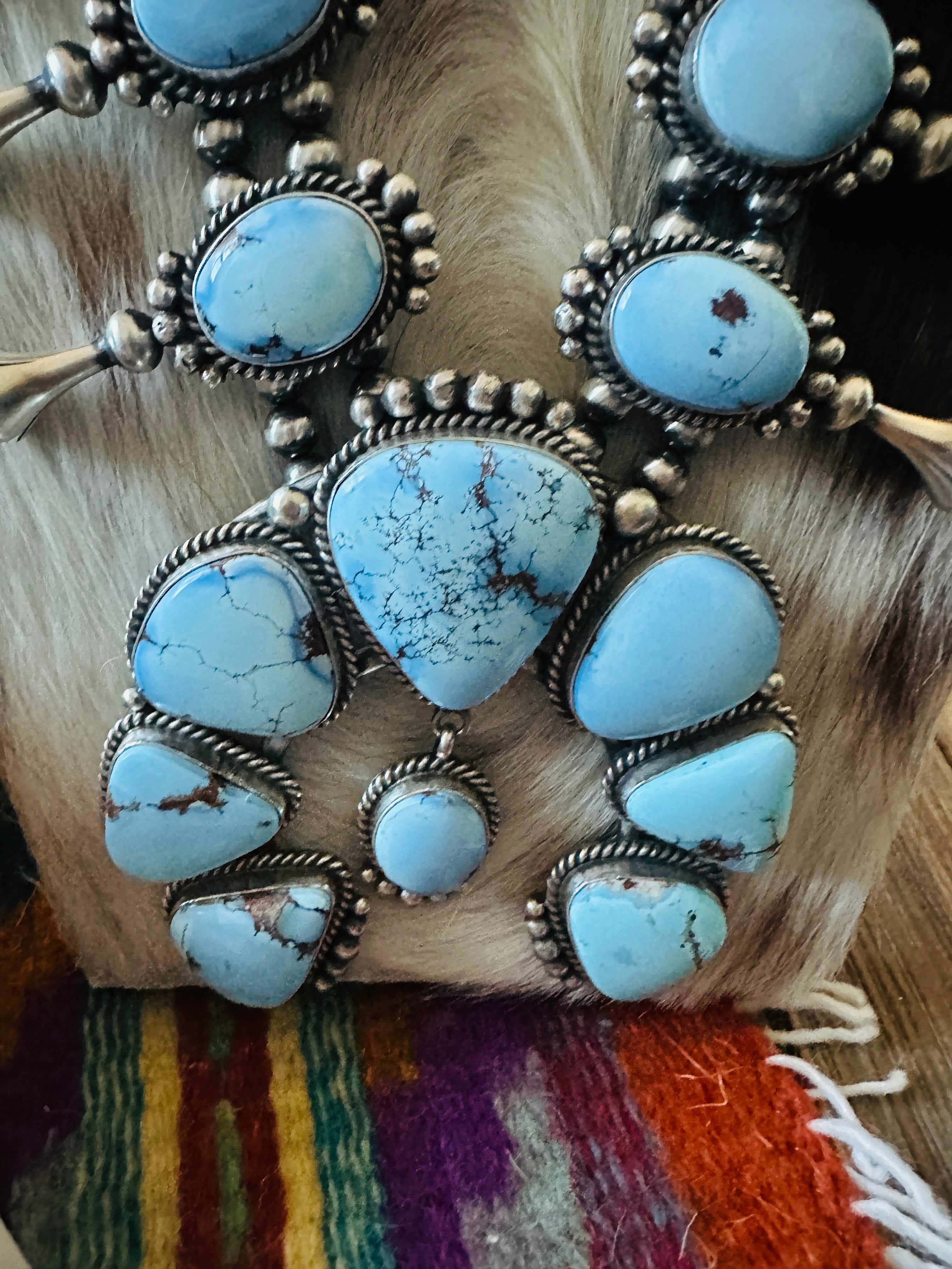 Handcrafted Golden Hills Turquoise & Sterling Silver Beaded Squash Blossom Necklace and Earring Set by Mary Ann Spencer