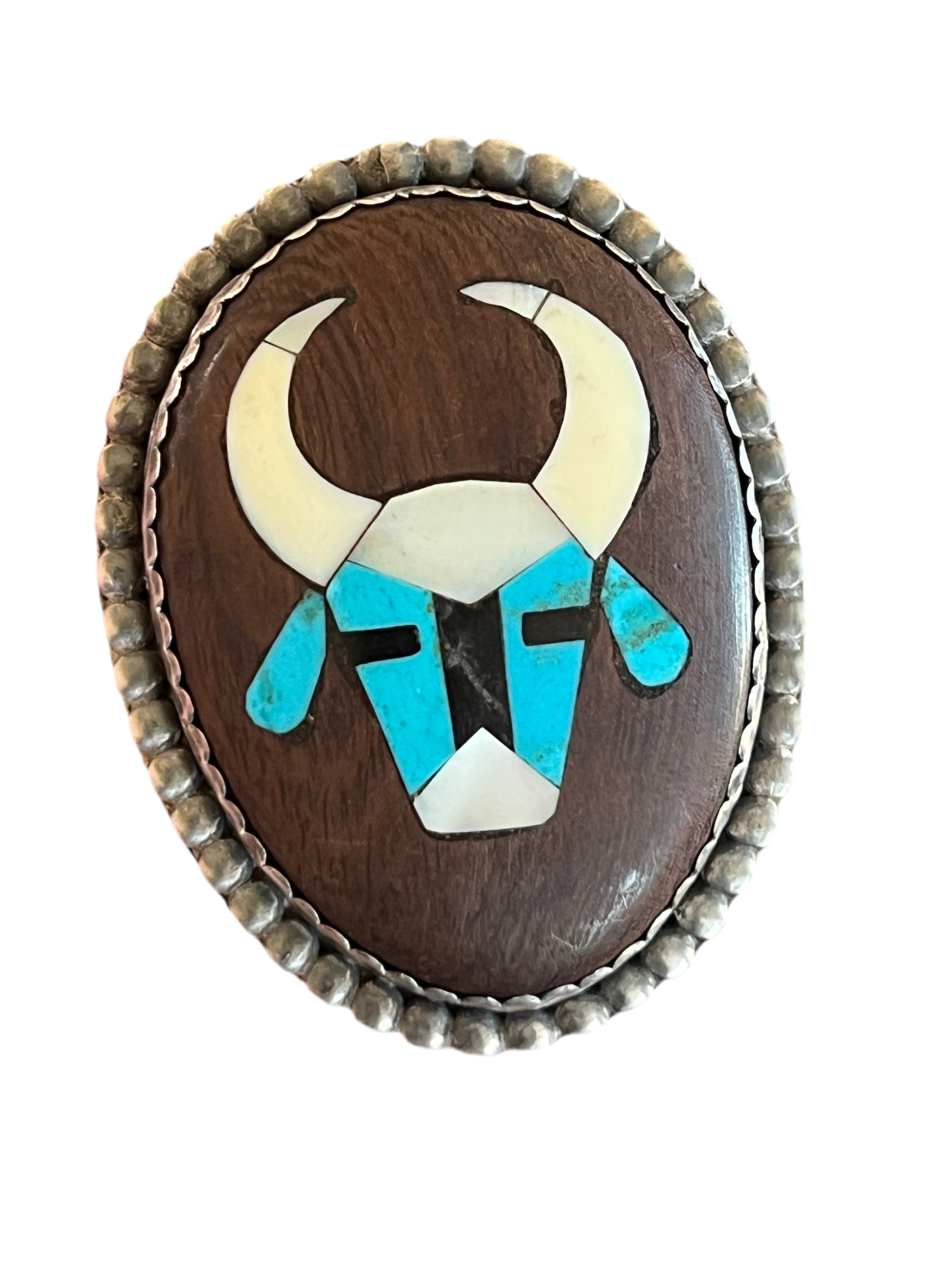 Vintage Sterling Silver and Wood Ring with Turquoise and Mother of Pearl Inlay Steer Head, Size 10.5