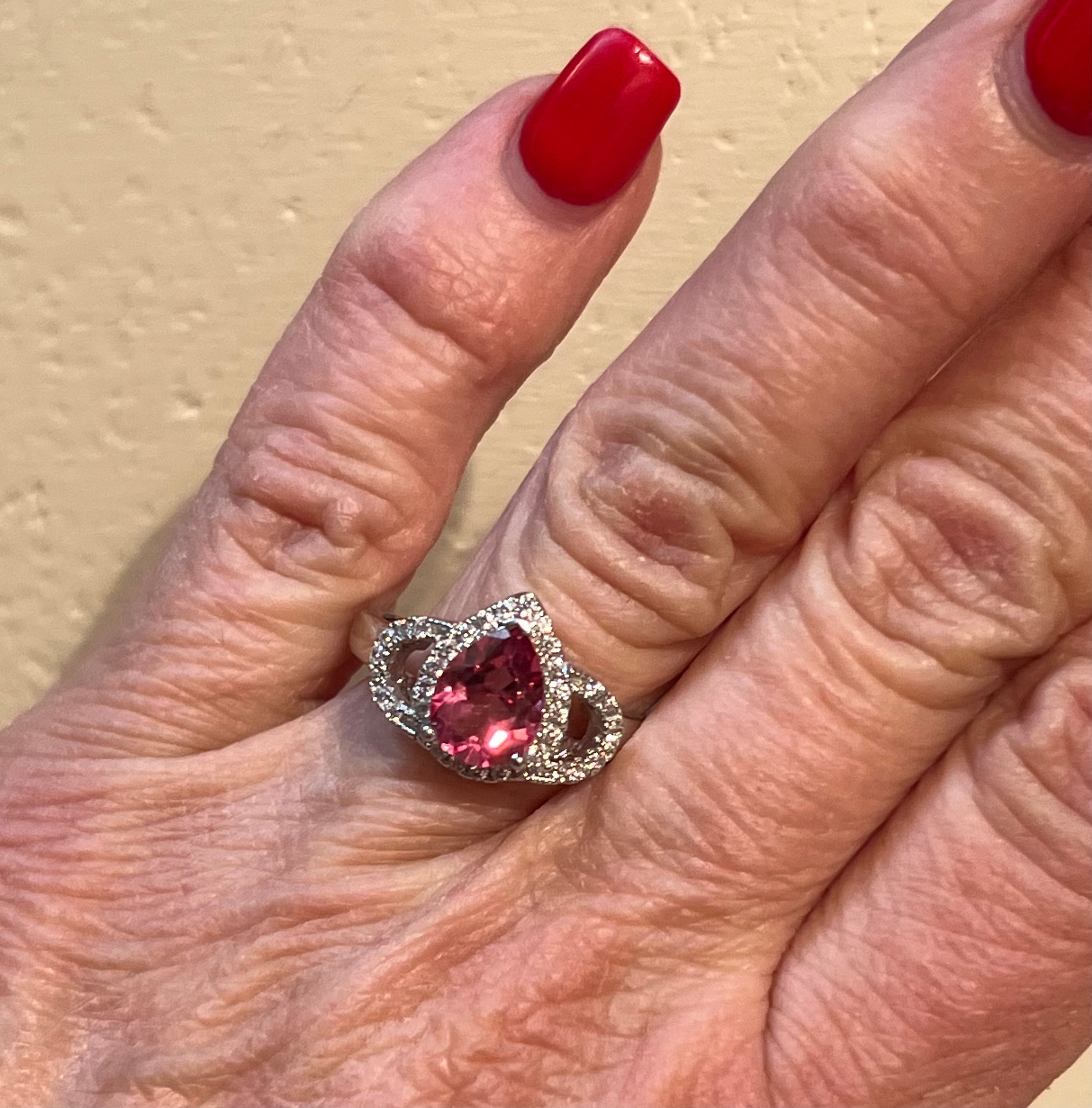 Pink Topaz & CZ Tear Drop Shape Sterling Silver Ring