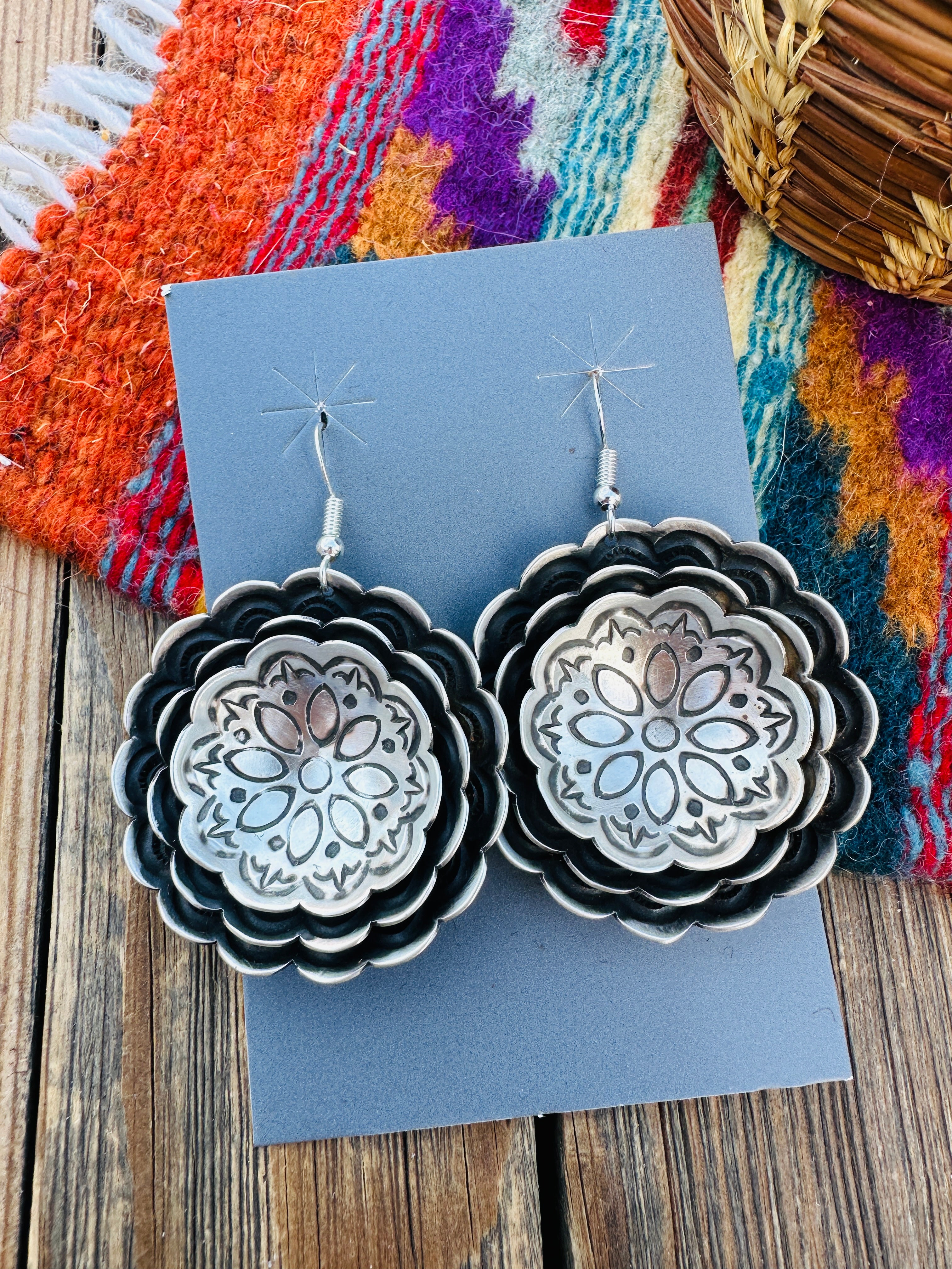 Handcrafted Sterling Silver Concho Dangle Earrings by Leander Tahe