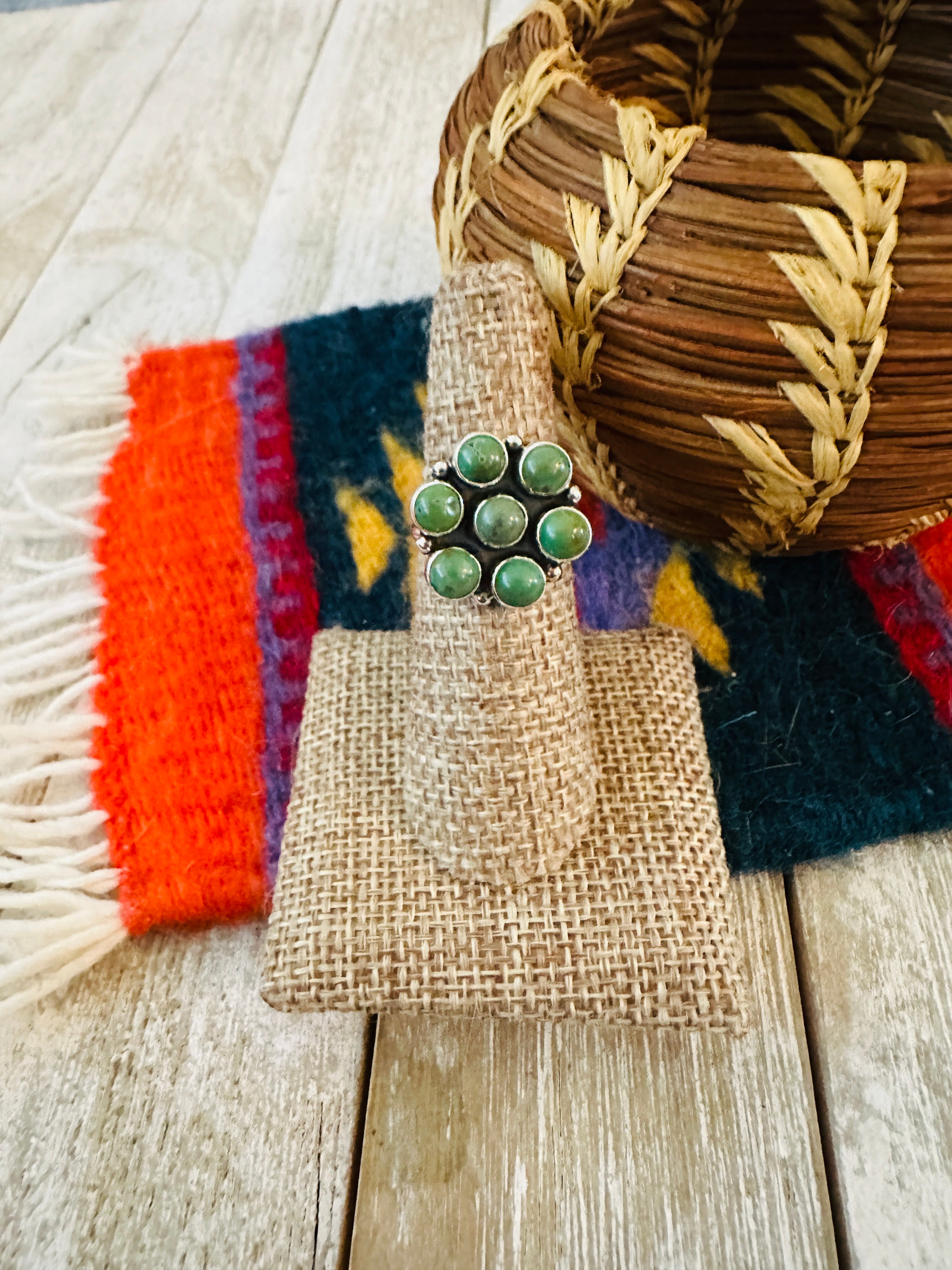 Handcrafted Turquoise & Sterling Silver Cluster Ring Size 6