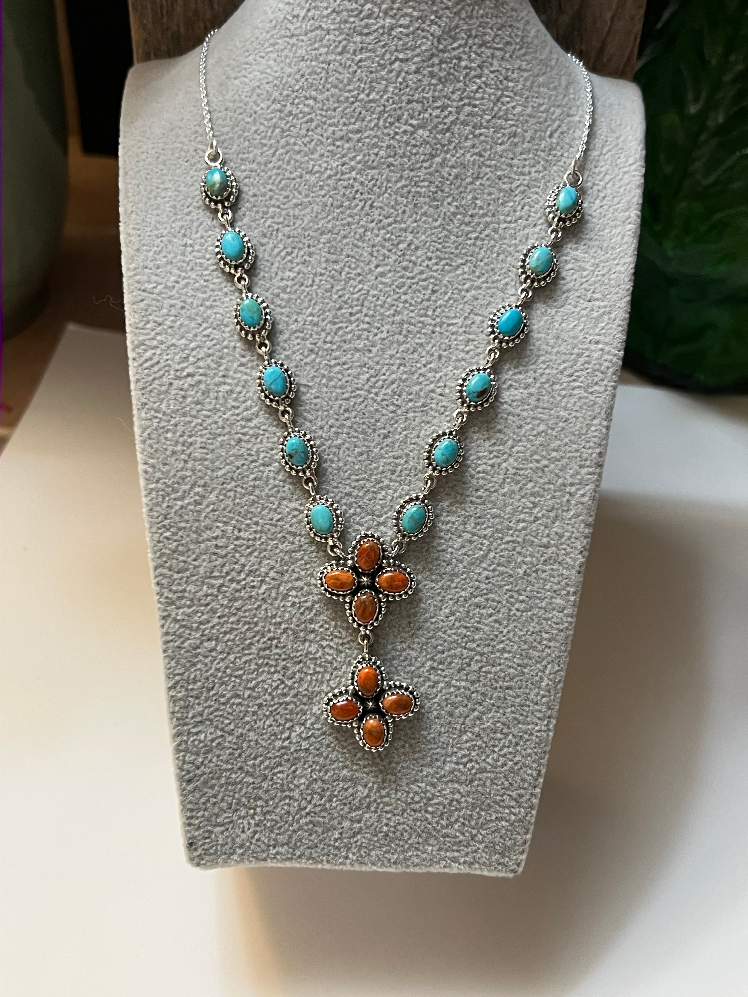 Handmade Sterling Silver, South Hill Turquoise & Spiny Orange Lariat Necklace