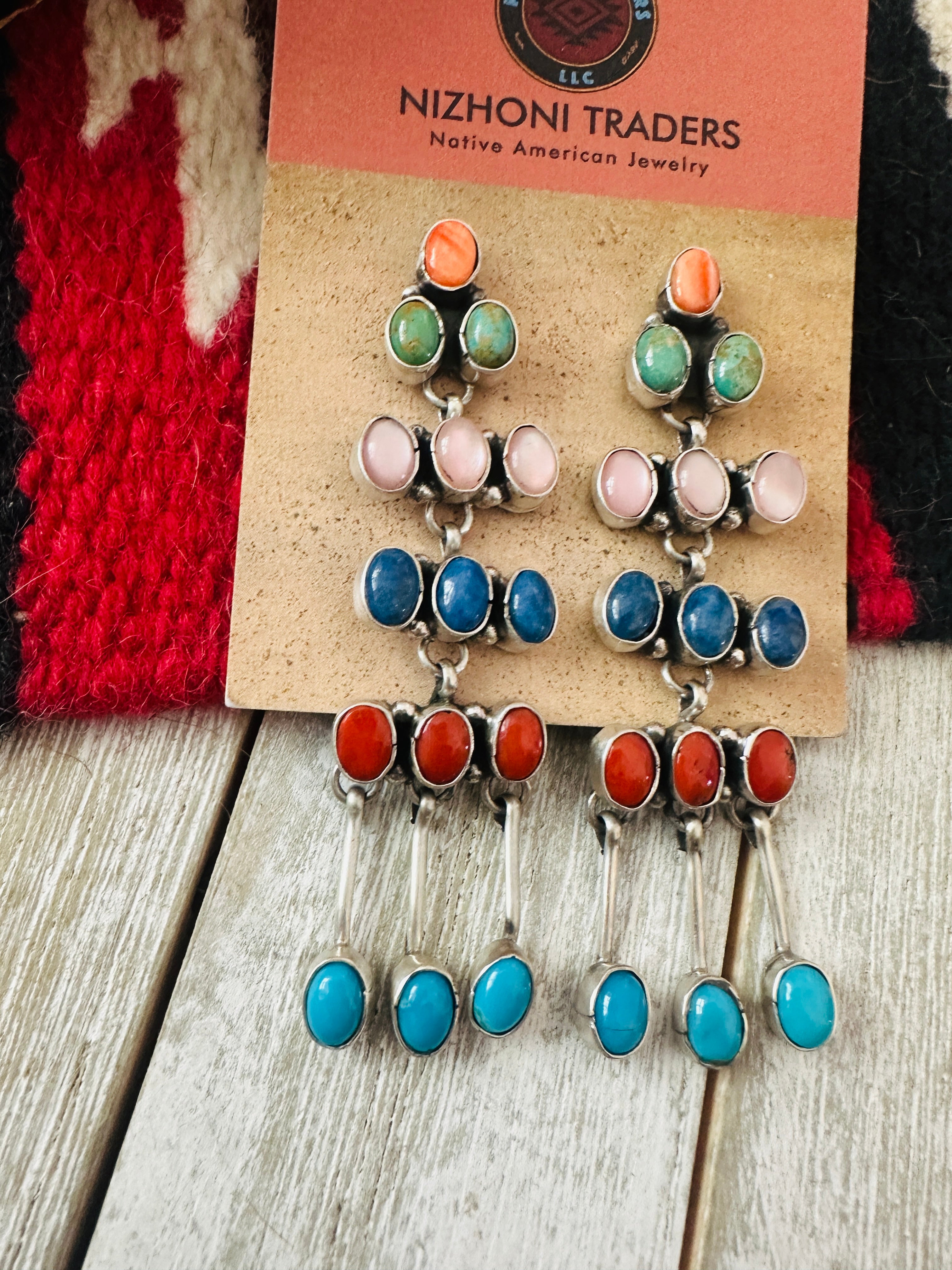 Navajo Multi Stone & Sterling Silver Chandelier Dangle Earrings