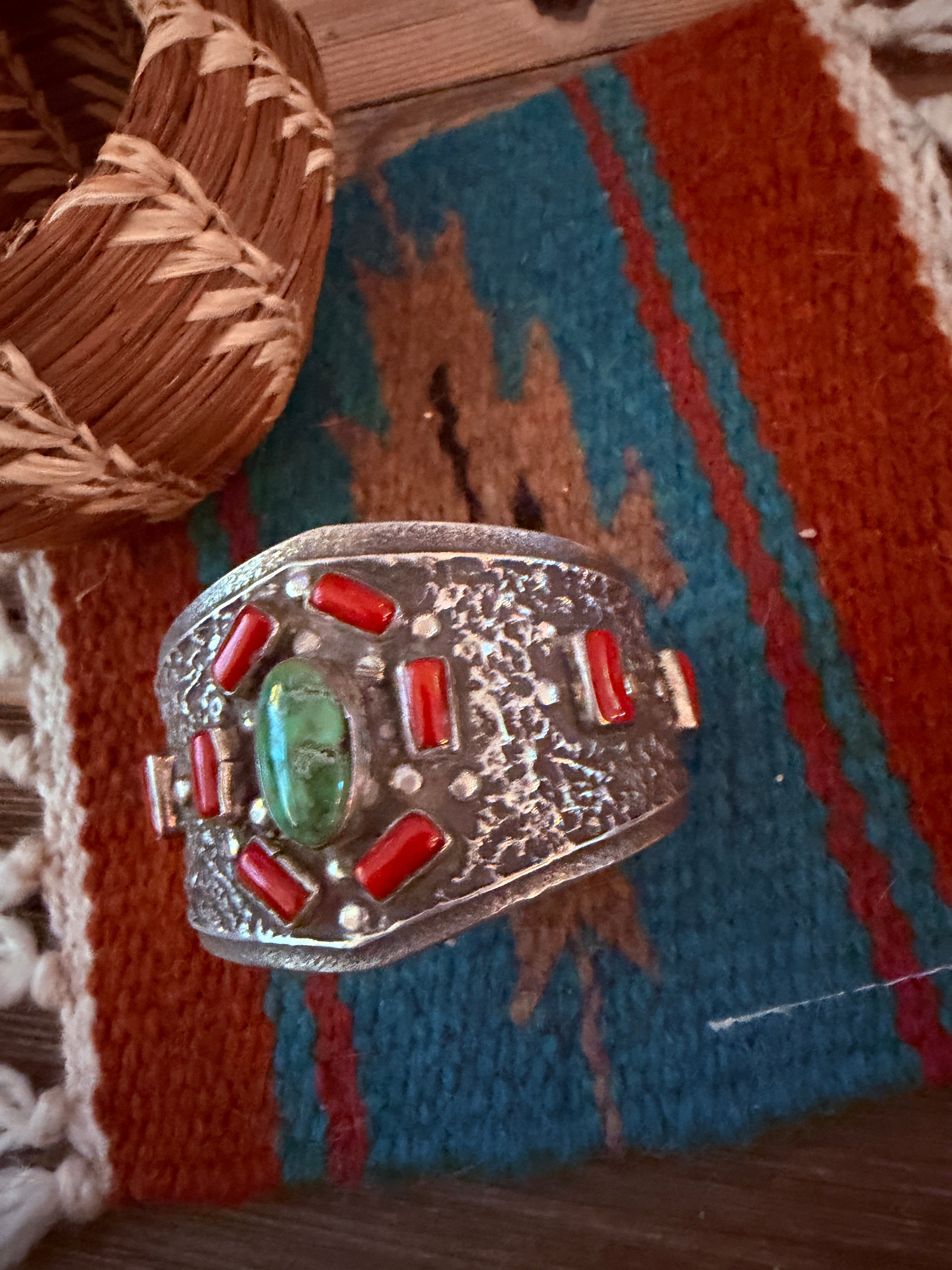 Handcrafted Turquoise, Coral & Sterling Silver Cuff Bracelet