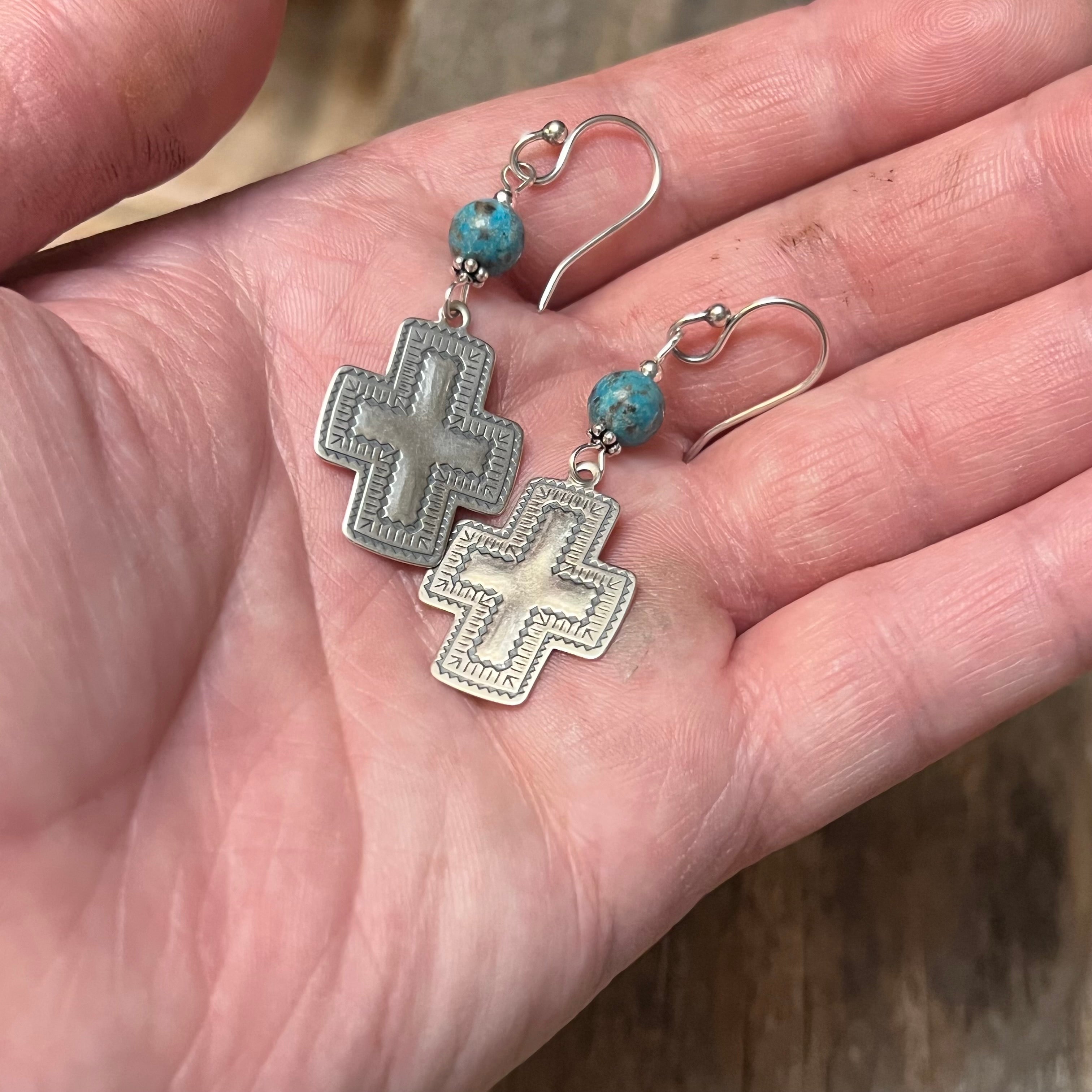 Handmade Etched Sterling Silver & Turquoise Dangle Wire Earrings