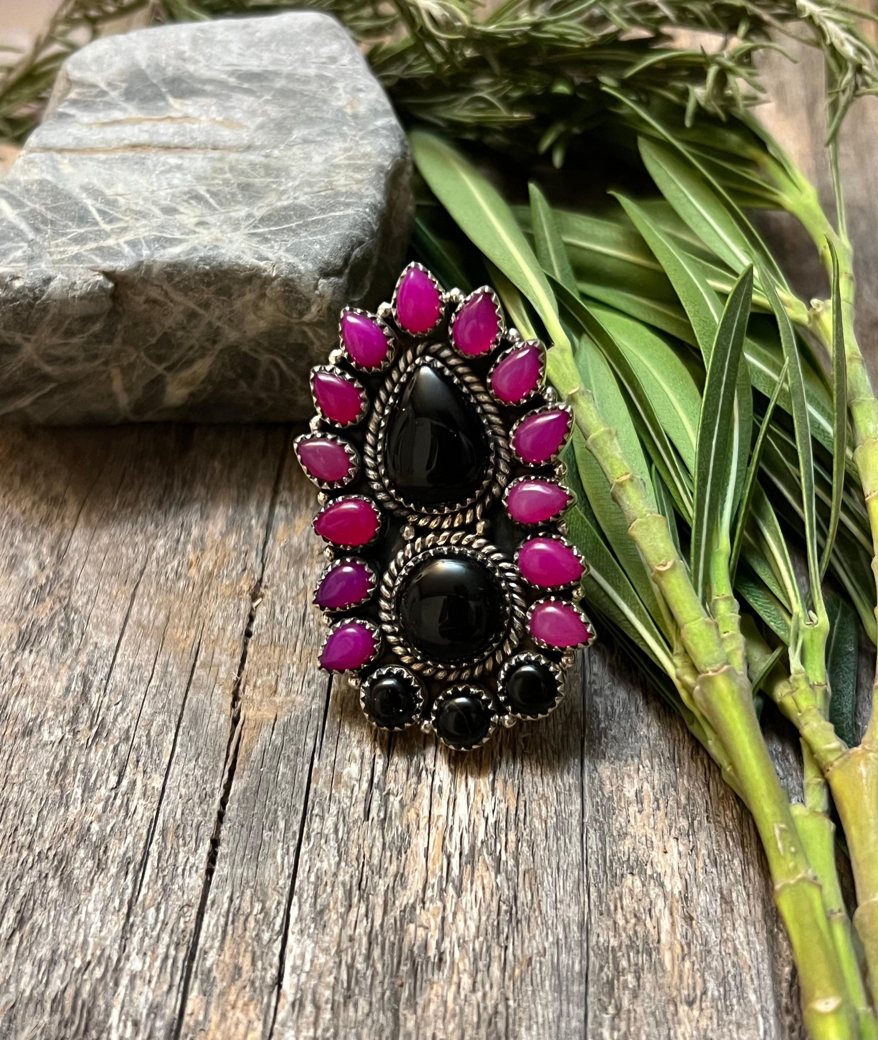 Handmade Pink & Black Onyx Sterling Silver Adjustable Ring
