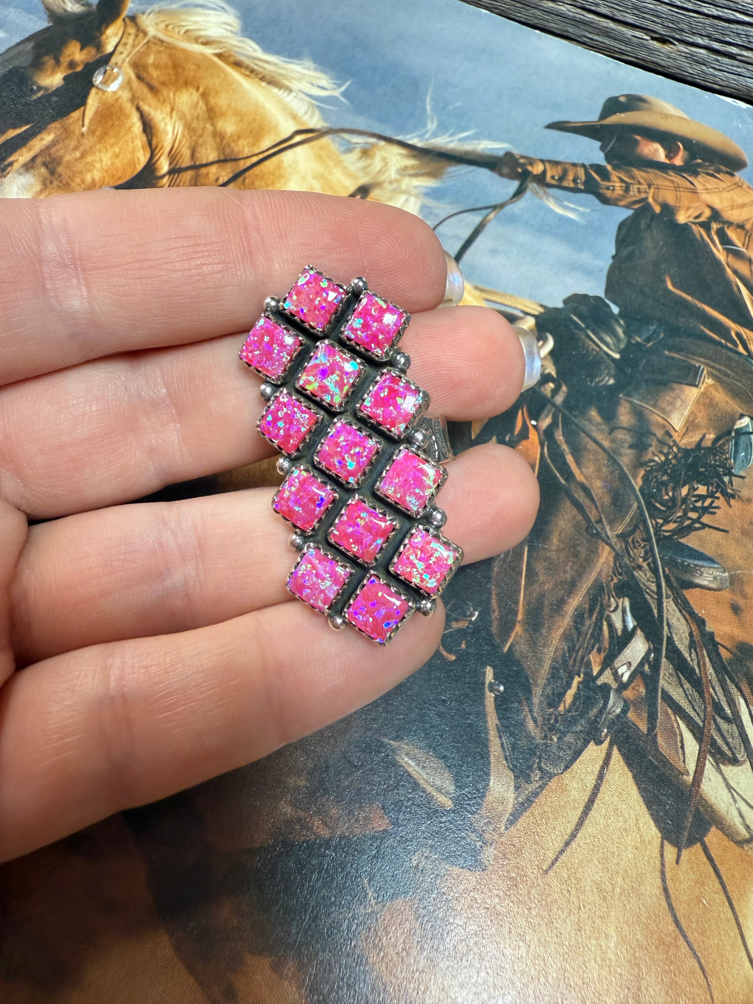 Handmade Adjustable Hot Pink Fire Opal Sterling Silver Ring