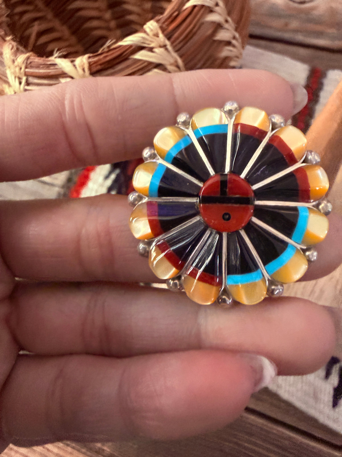 Handcrafted Multi Stone & Sterling Silver Inlay Sun Face Ring Size 8.25