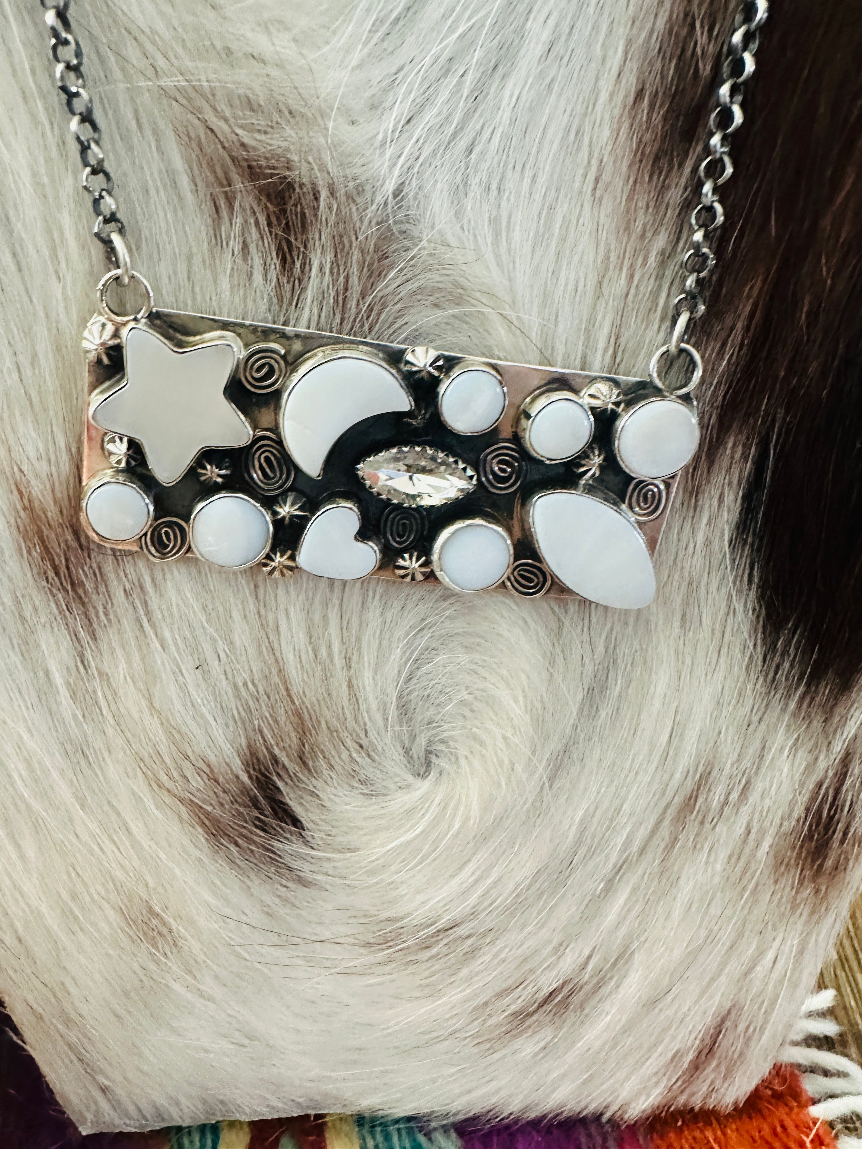 Handcrafted Mother of Pearl, CZ & Sterling Silver Bar Necklace by Jacqueline Silver