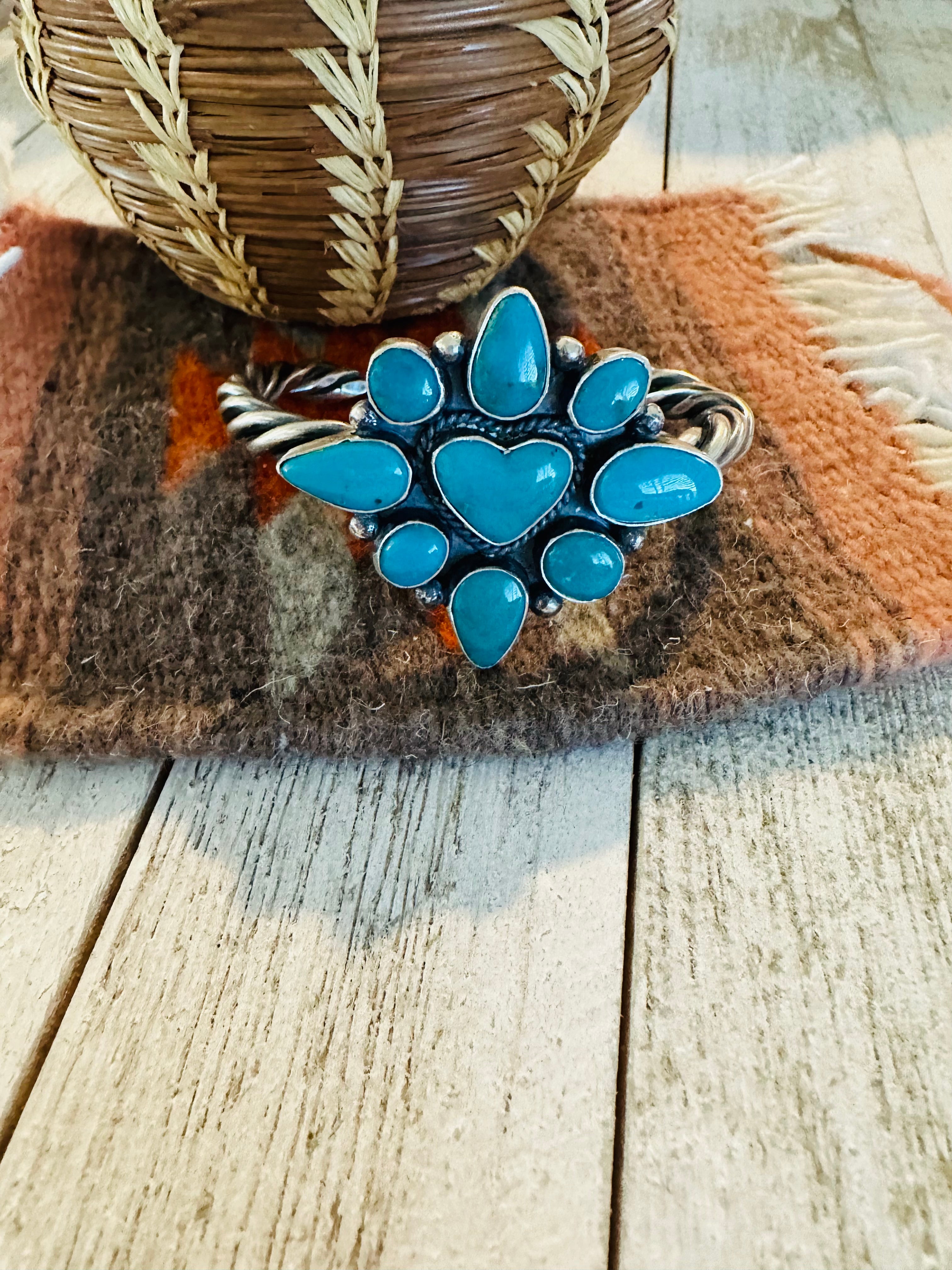 Navajo Kingman Turquoise & Sterling Silver Heart Cuff Bracelet /