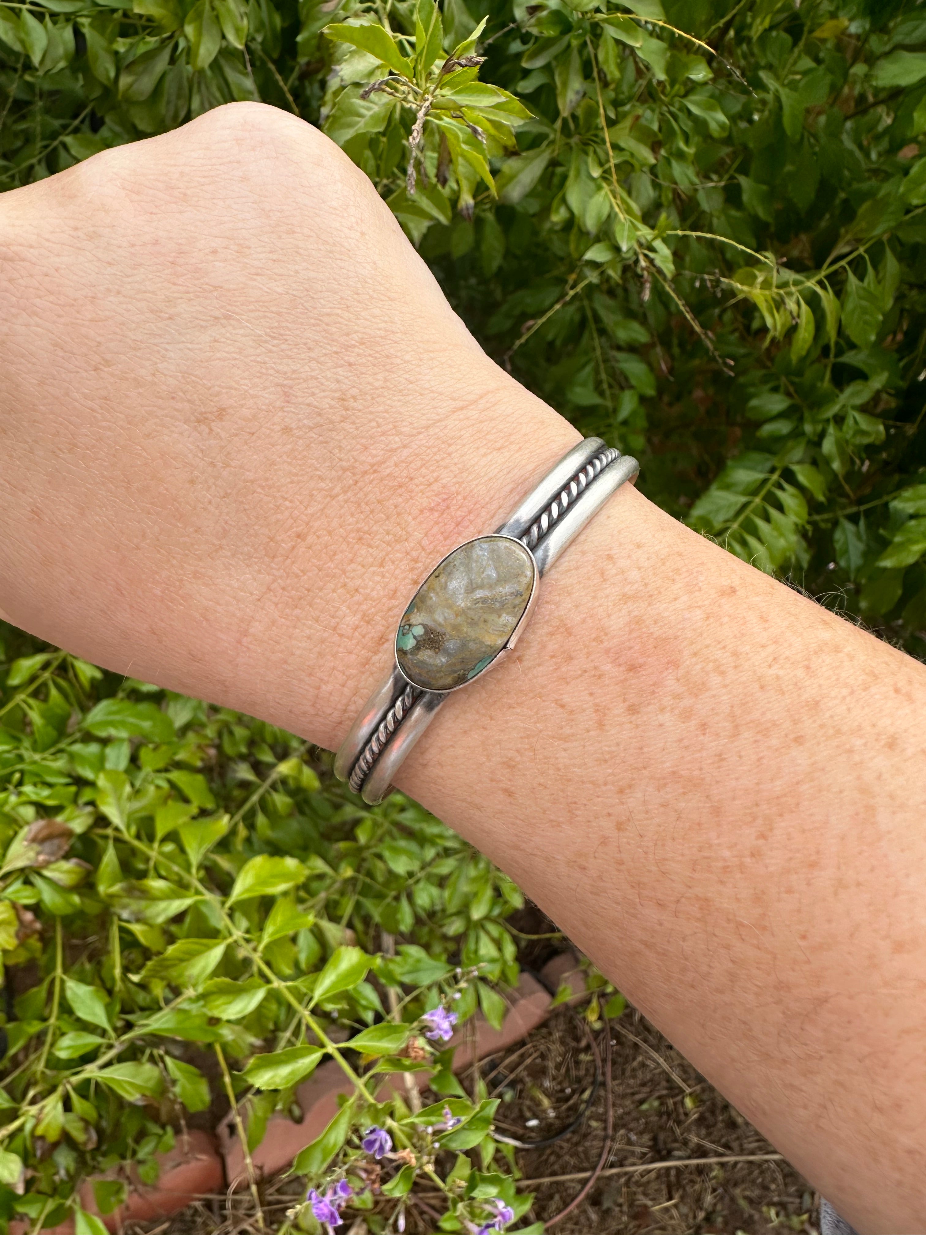 Handcrafted Single Stone Turquoise And Sterling Silver Adjustable Cuff Bracelet