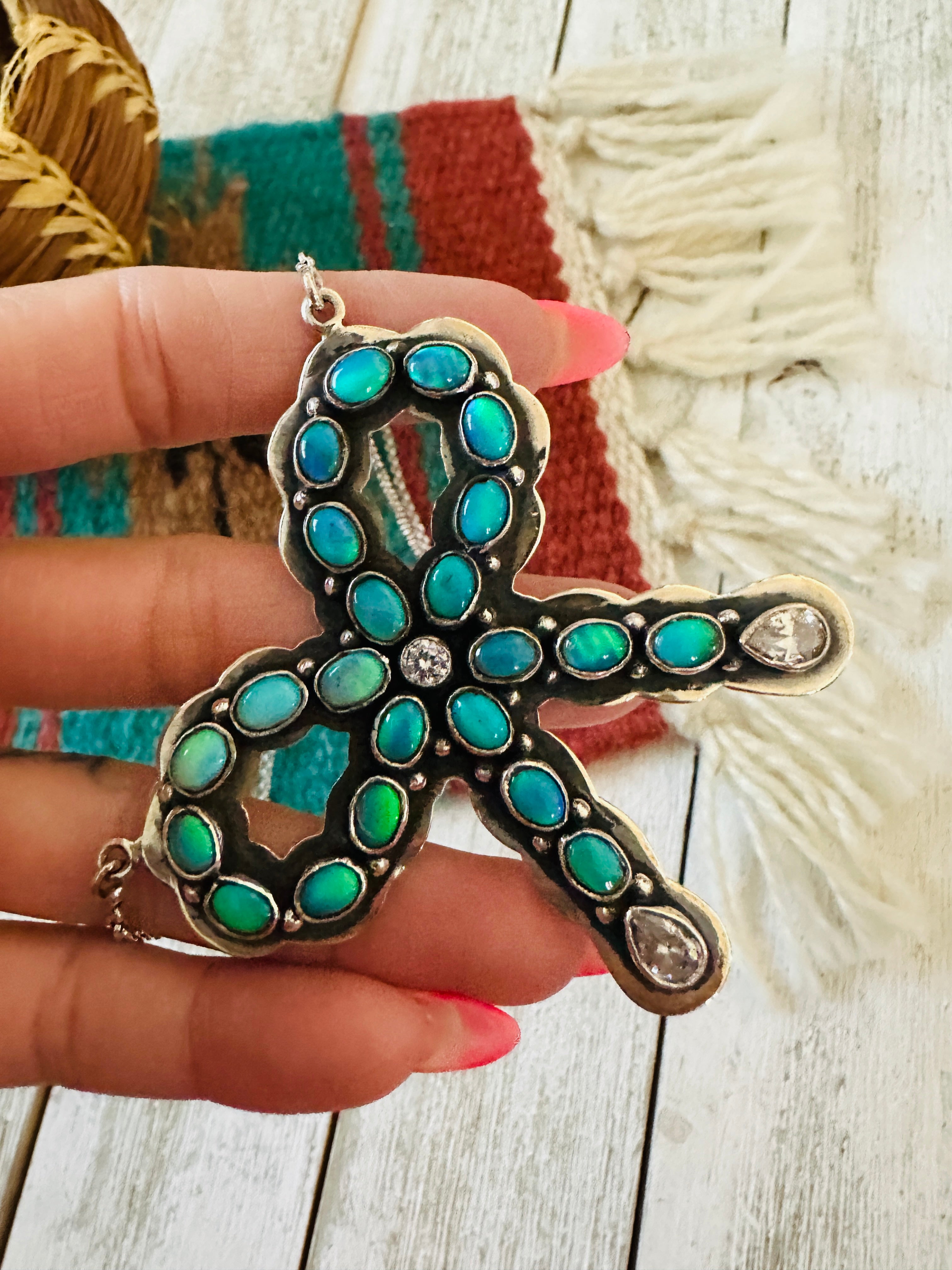 ** Christmas Collection ** Handmade Sterling Silver, Synthetic Opal & CZ Bow Necklace Signed Nizhoni