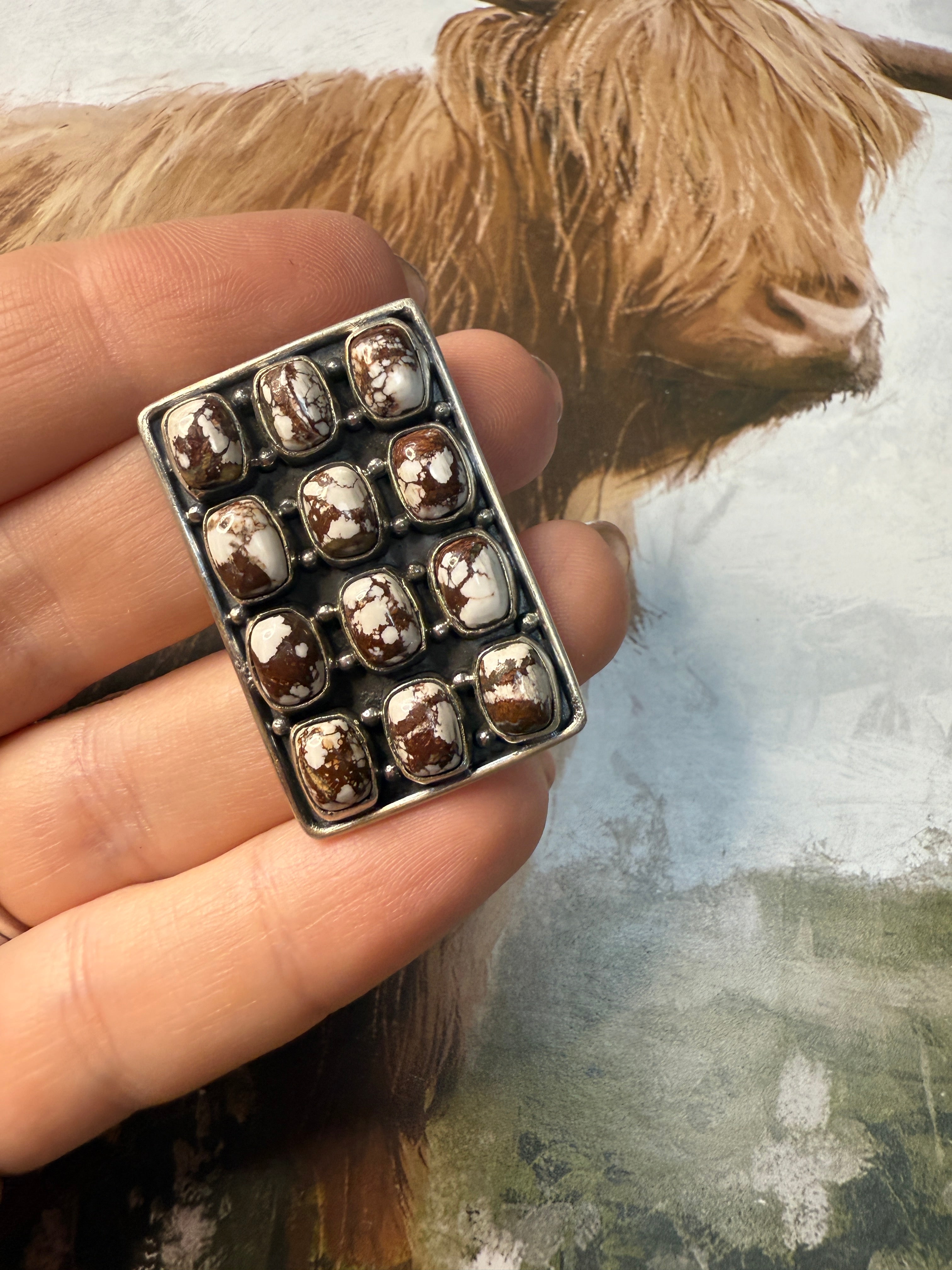 Handmade Wild Horse And Sterling Silver Adjustable 12 Stone Ring