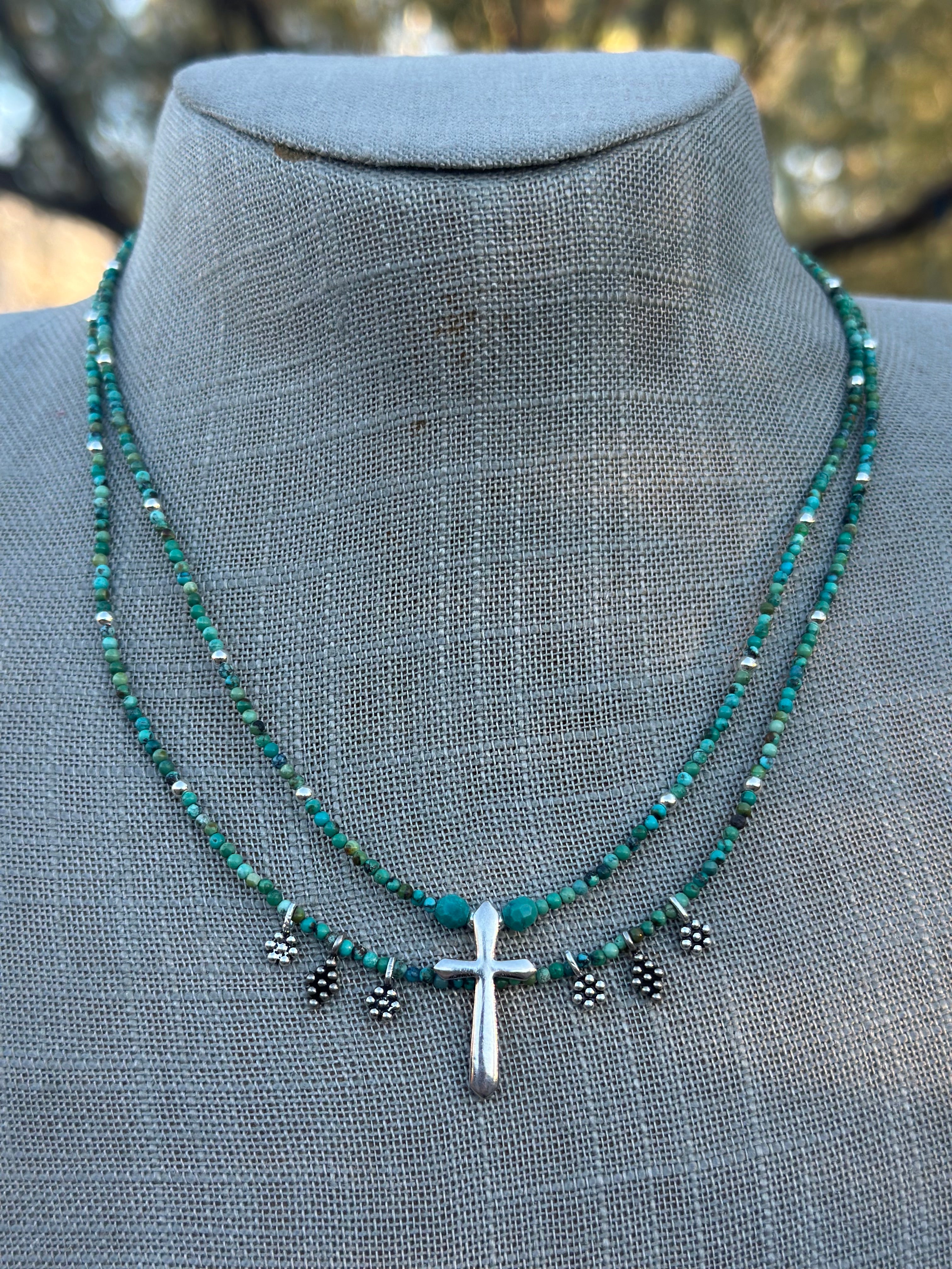 Paige Wallace Sterling Silver Flower & Turquoise Beaded Cross Necklace 16”