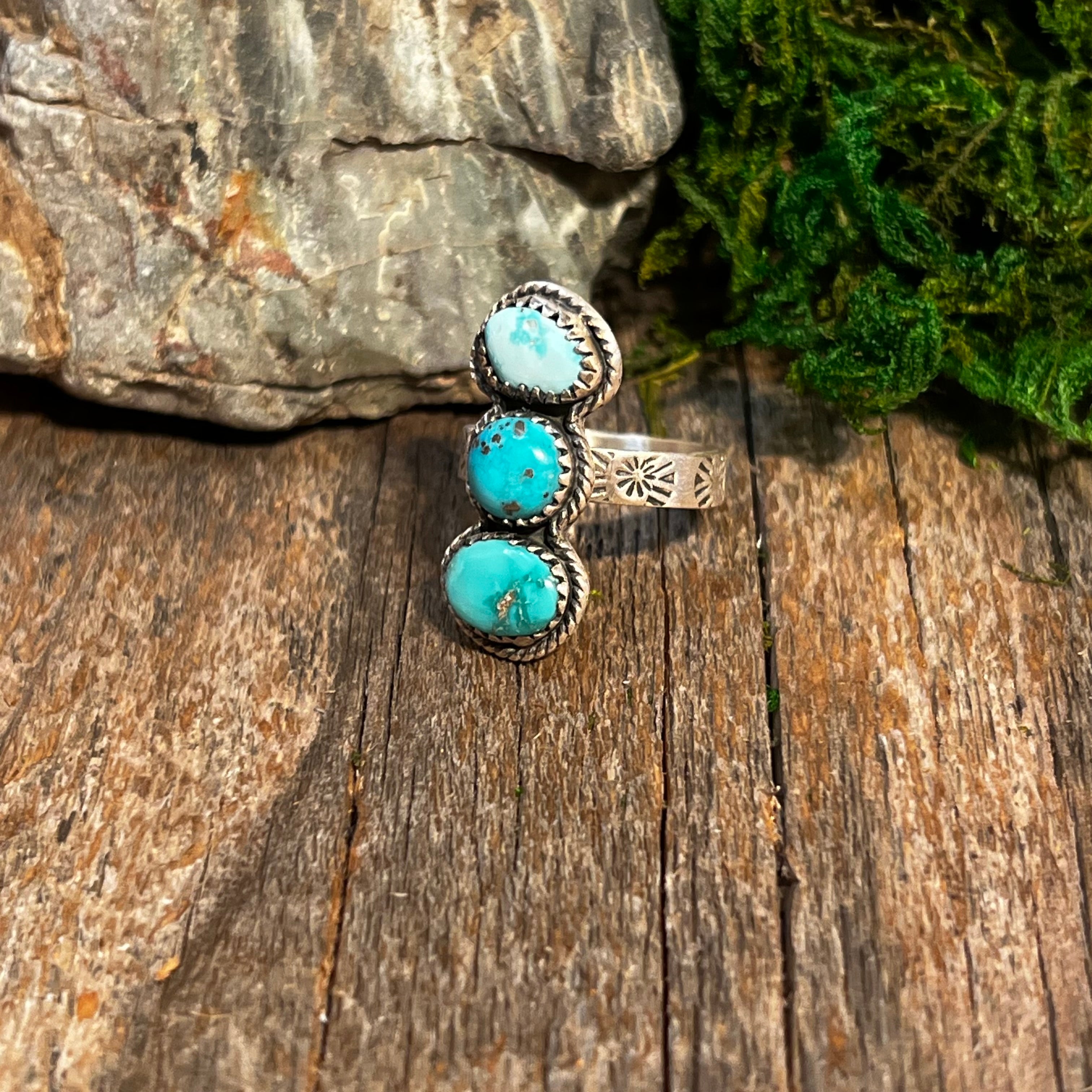 Handmade 3-Stone South Hill, Kingman, & Golden Hills Turquoise Sterling Silver Adjustable Ring