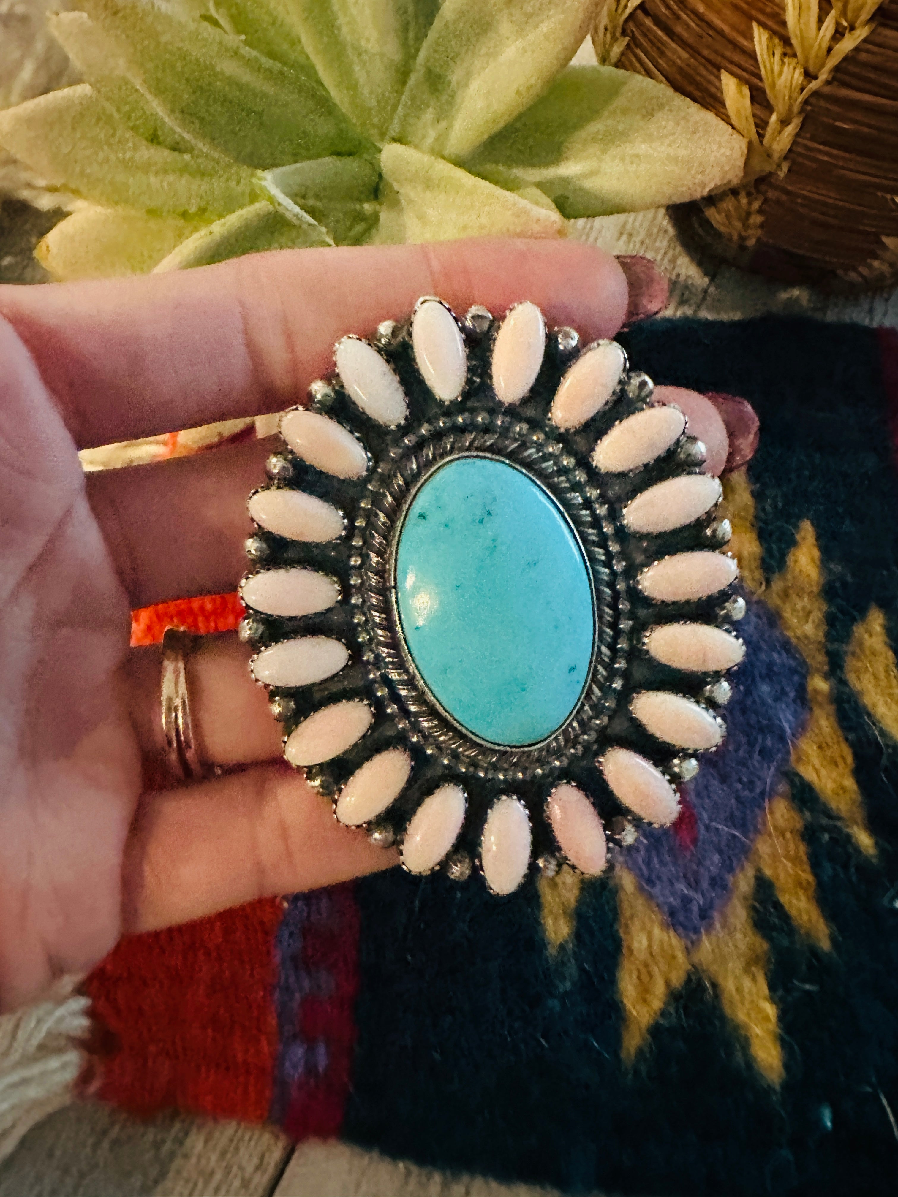 Handcrafted Sterling Silver, Queen Pink Conch & Turquoise Adjustable Cluster Ring