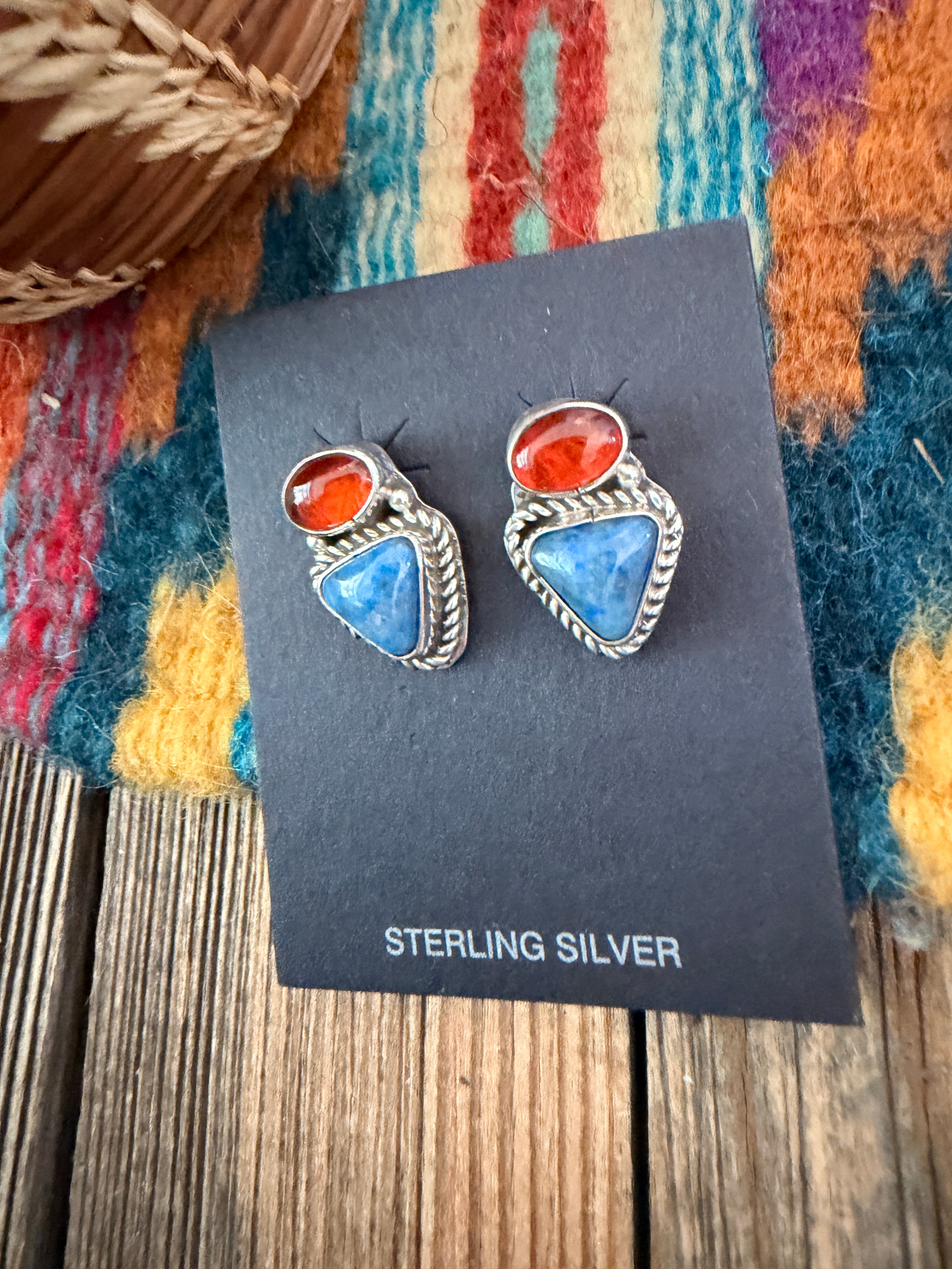 Handcrafted Lapis, Carnelian & Sterling Silver Post Earrings