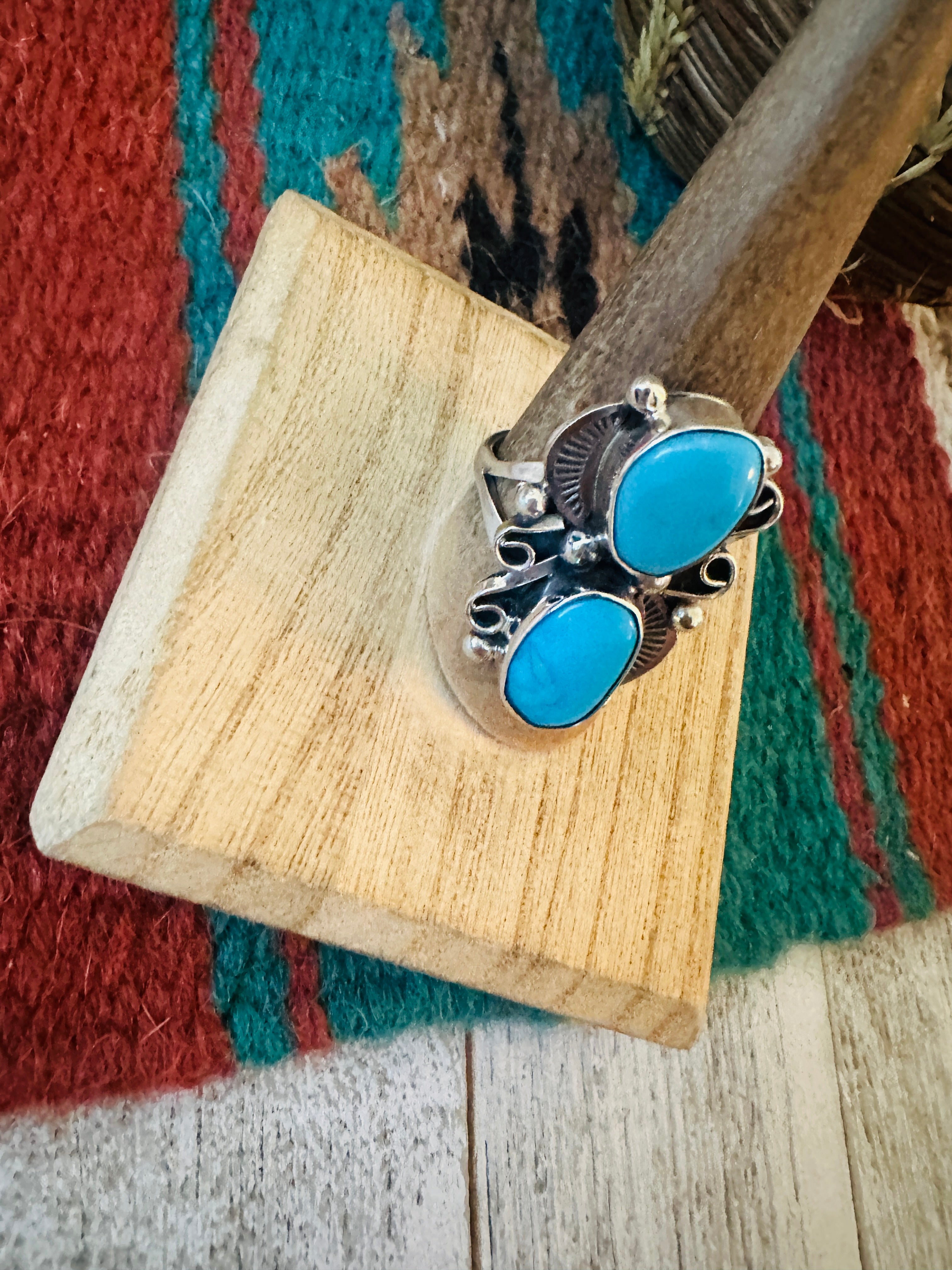 Handcrafted Turquoise & Sterling Silver Two Stone Ring Size 8.5