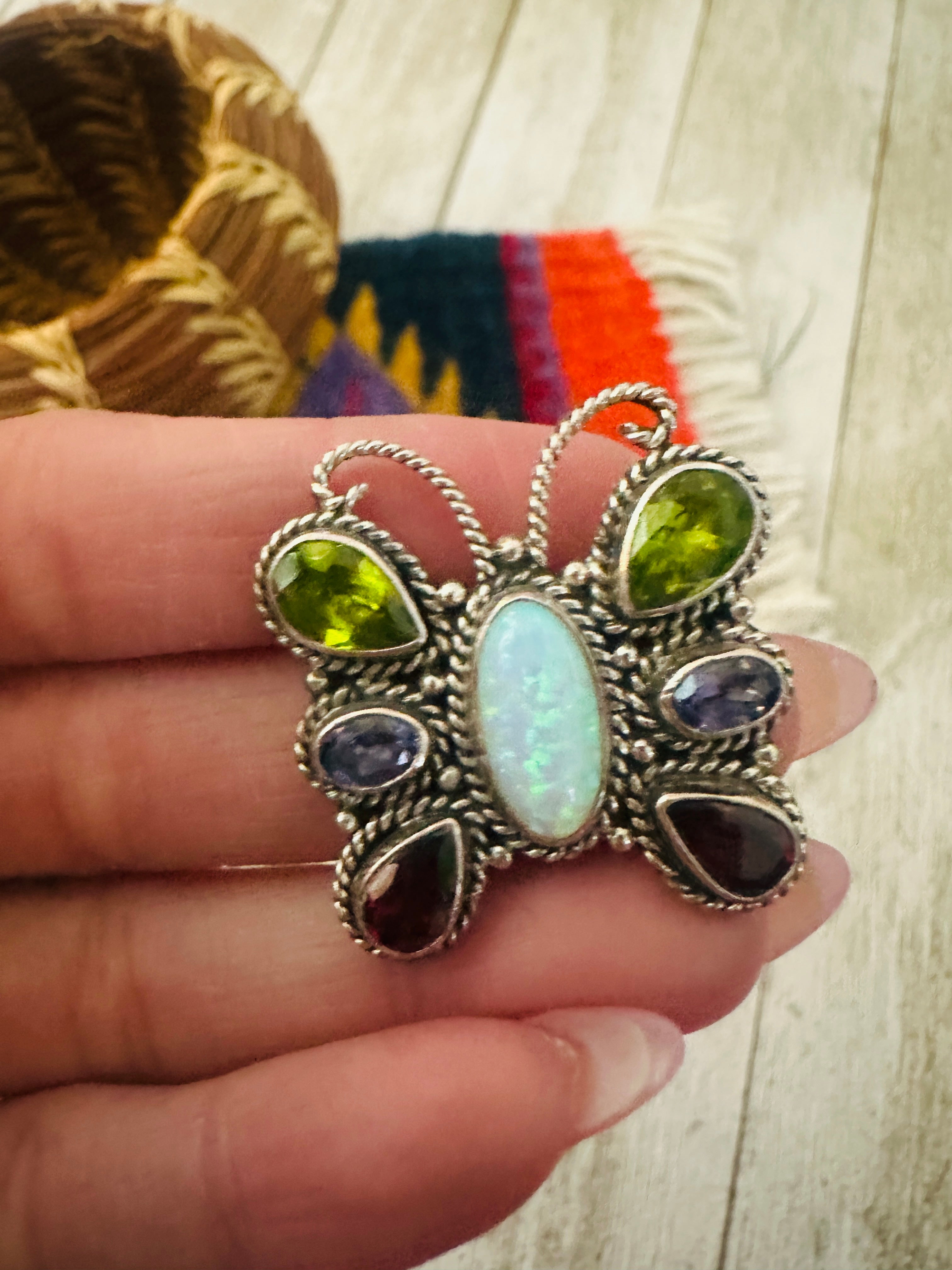 Handcrafted Multi Stone & Sterling Silver Butterfly Brooch