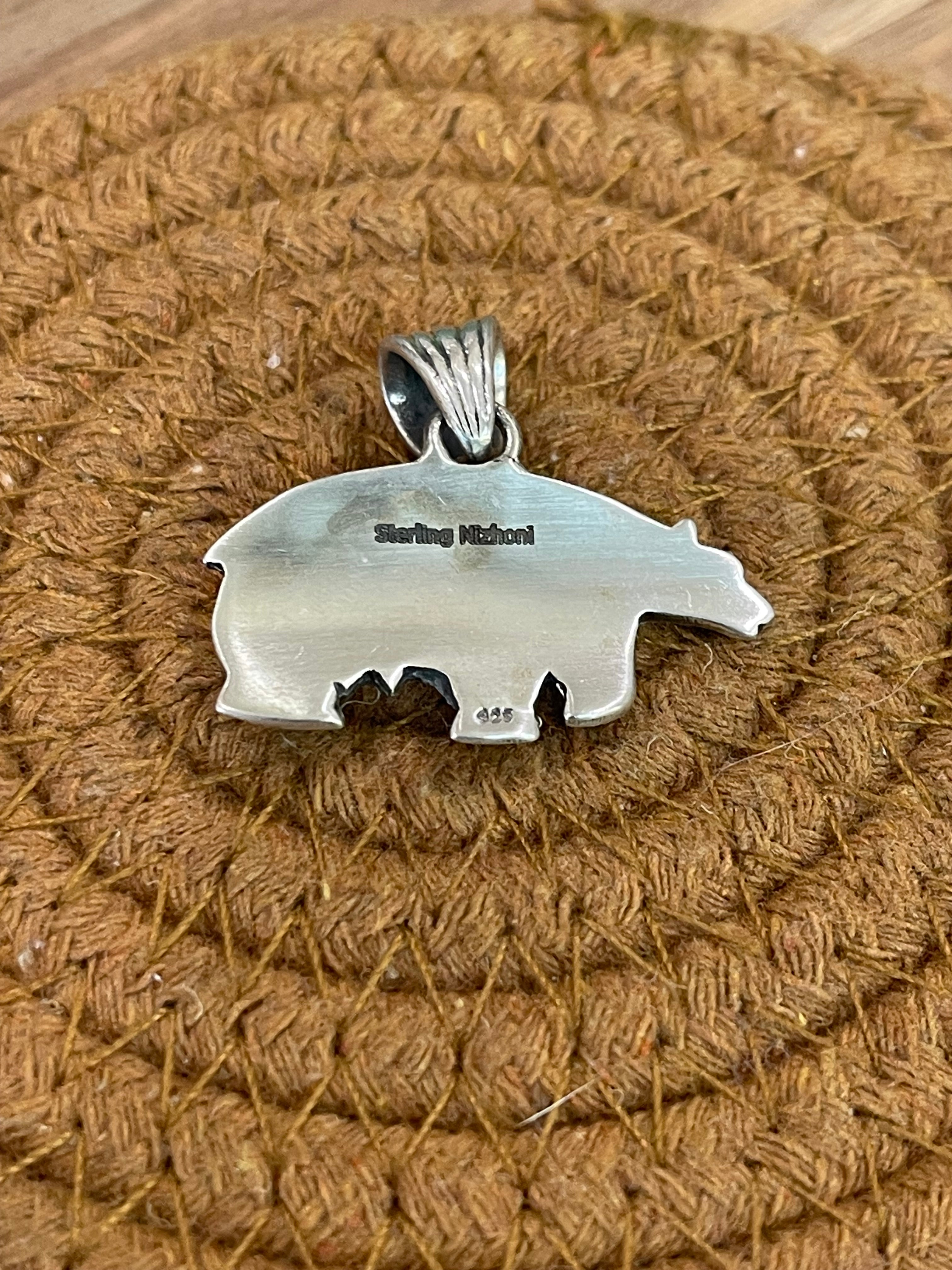 Handmade Sterling Silver & Turquoise Hand Stamped Bear Pendant with Signed Nizhoni
