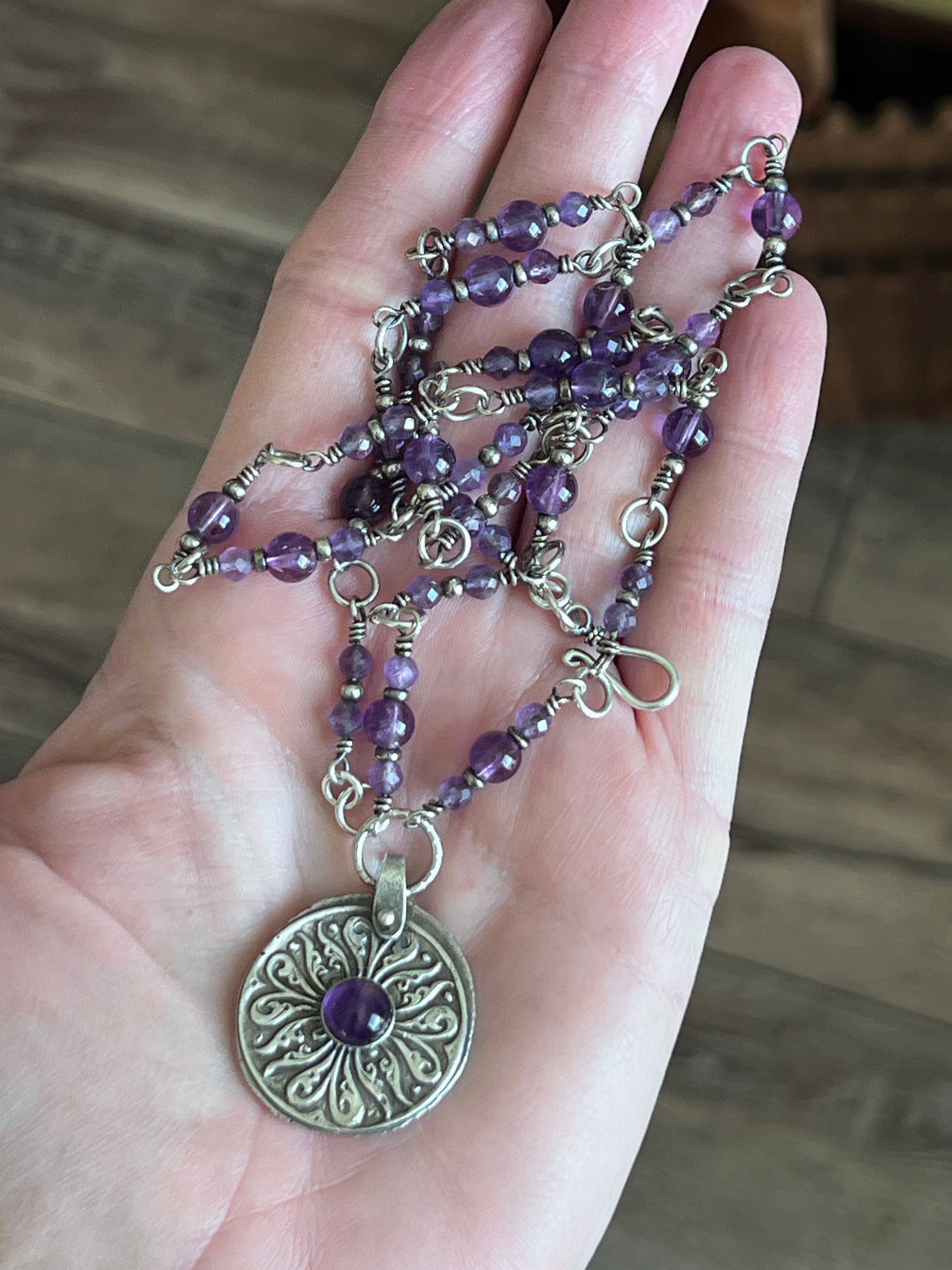 Tularosa Rosary Style Sterling Silver and Amethyst Relic Coin Necklace