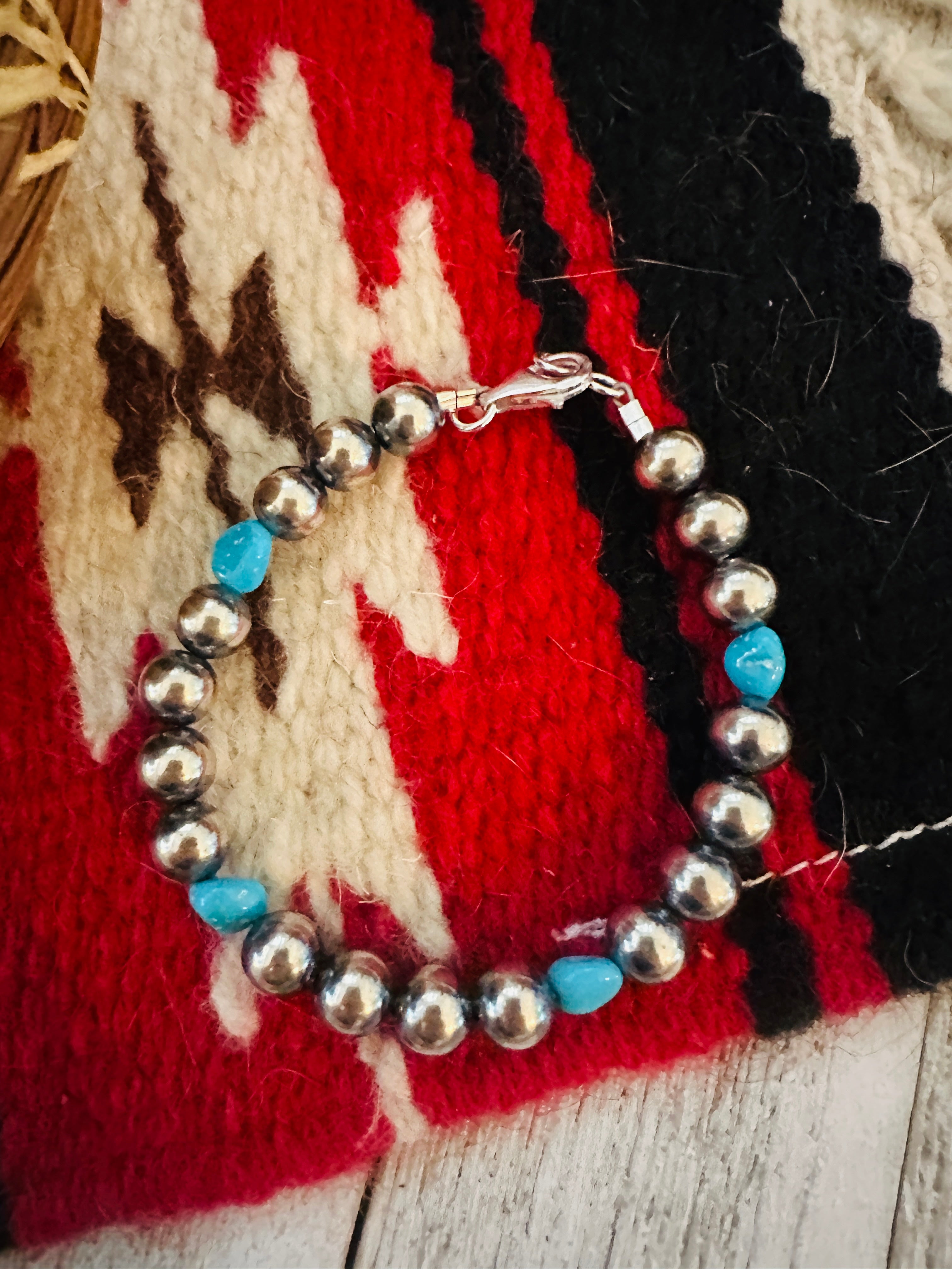 Handcrafted Turquoise & Sterling Silver Pearl Beaded Bracelet