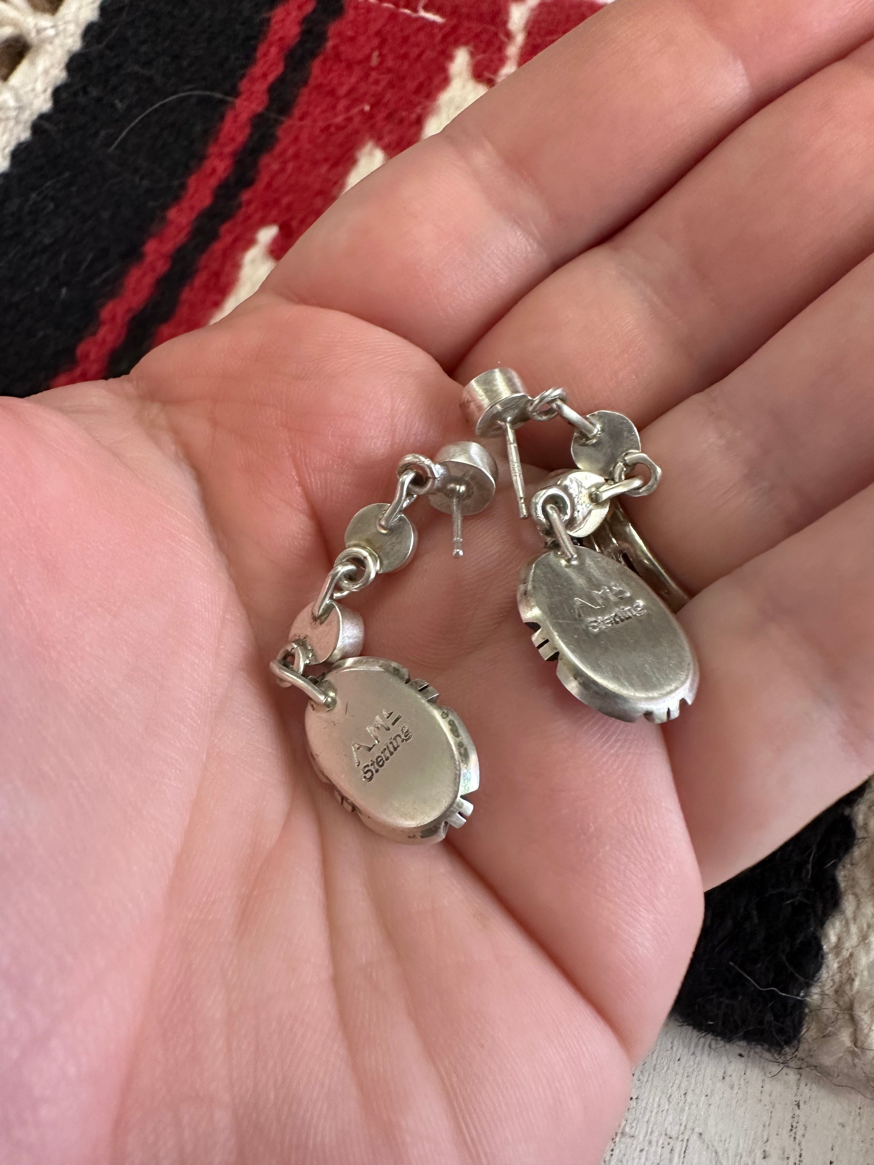 Handcrafted Sterling Silver Pink Conch 4 Stone Dangle Earrings