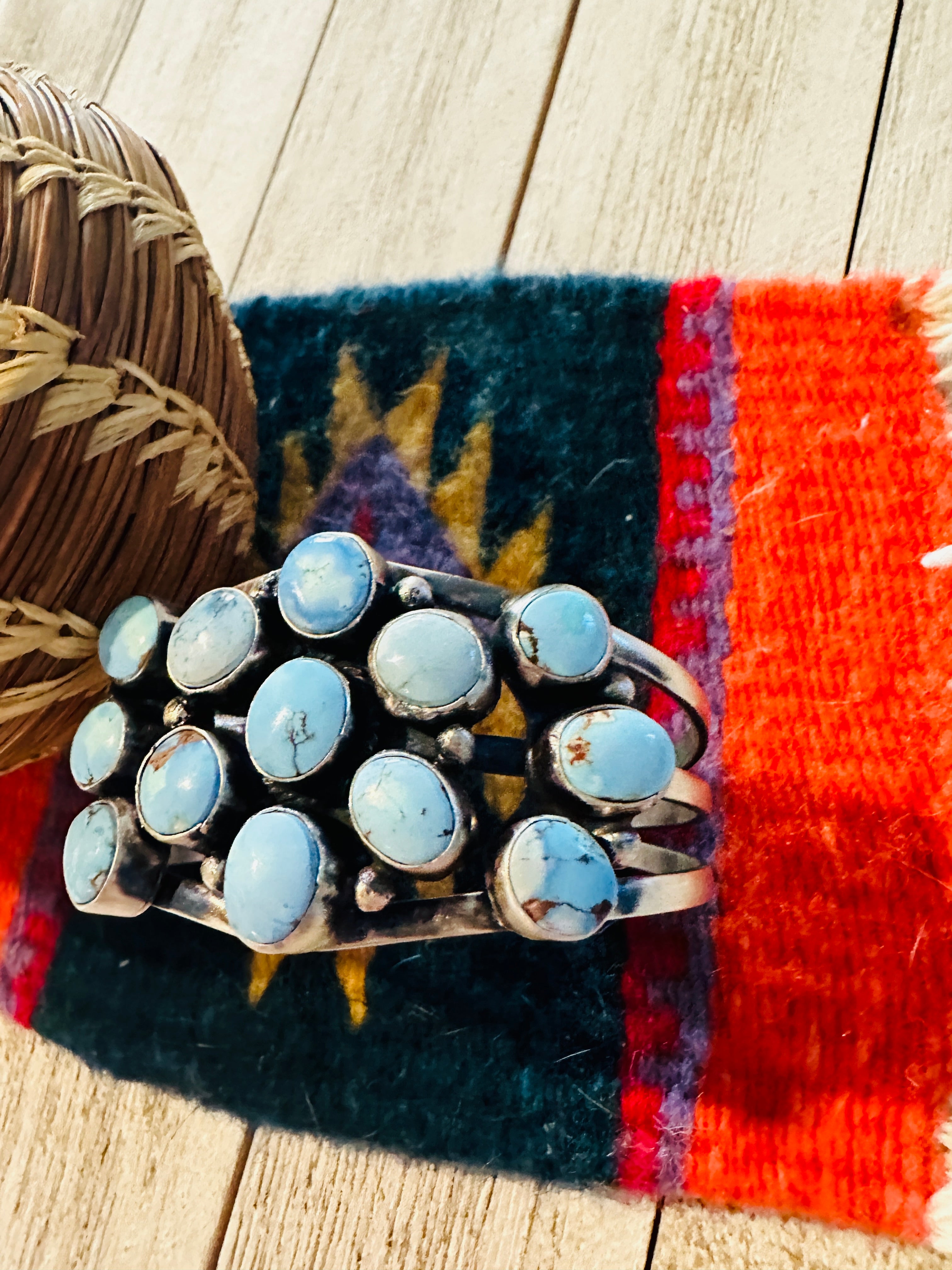 Handcrafted Golden Hills Turquoise & Sterling Silver Cluster Cuff Bracelet