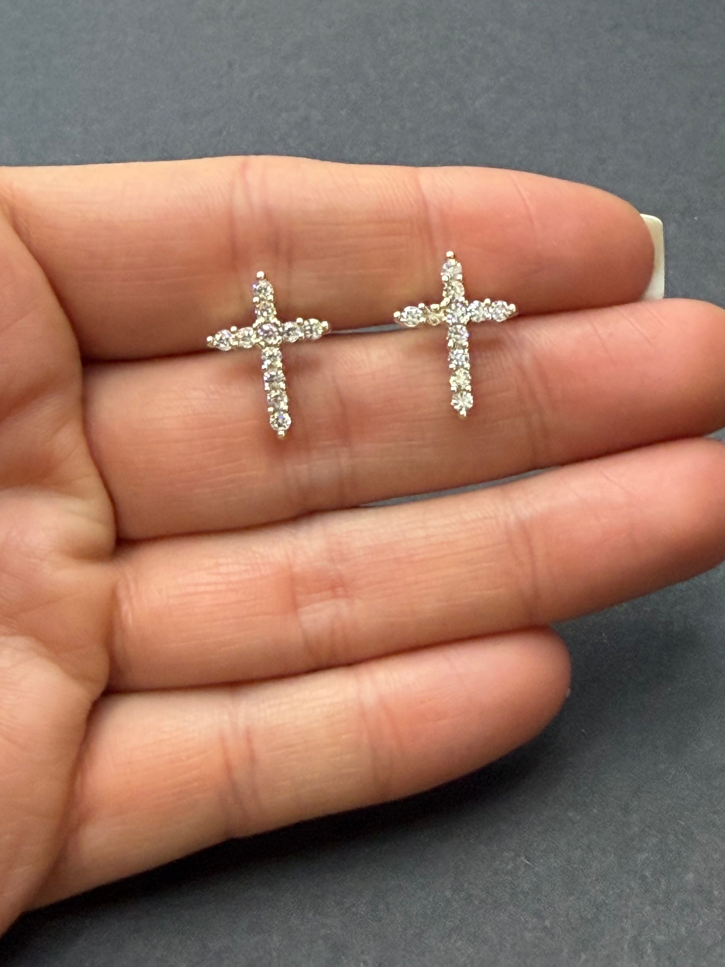 14k Gold CZ Cross Shaped Post Earrings