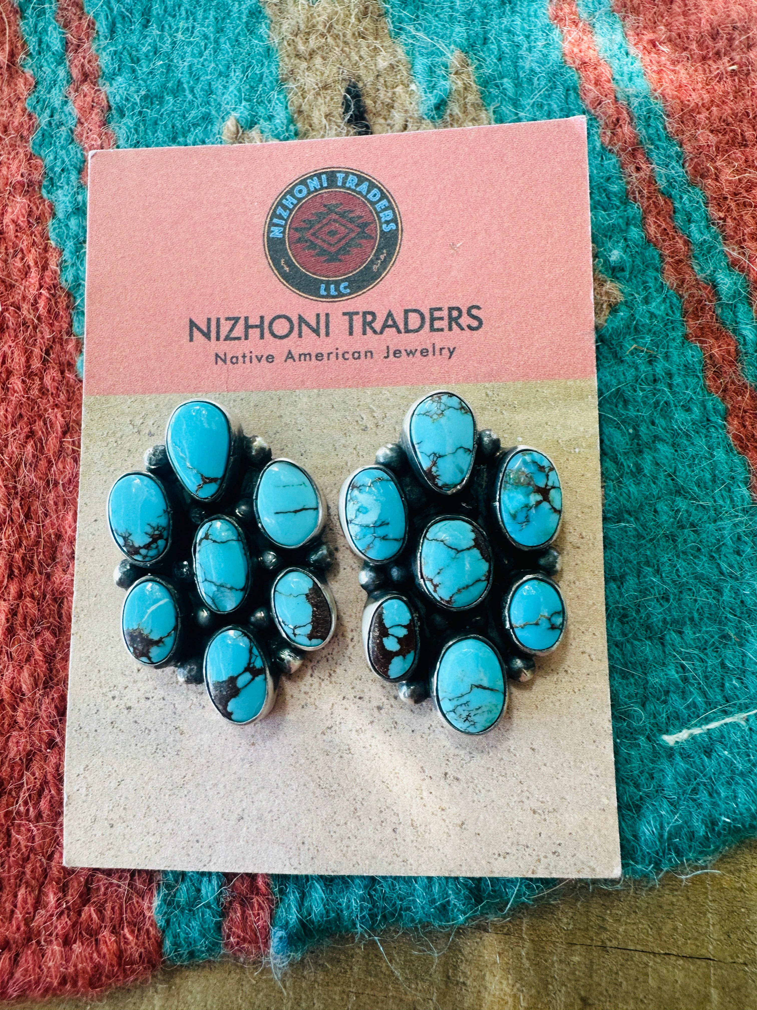 Handcrafted Sterling Silver & Kingman Web Turquoise Cluster Post Earrings