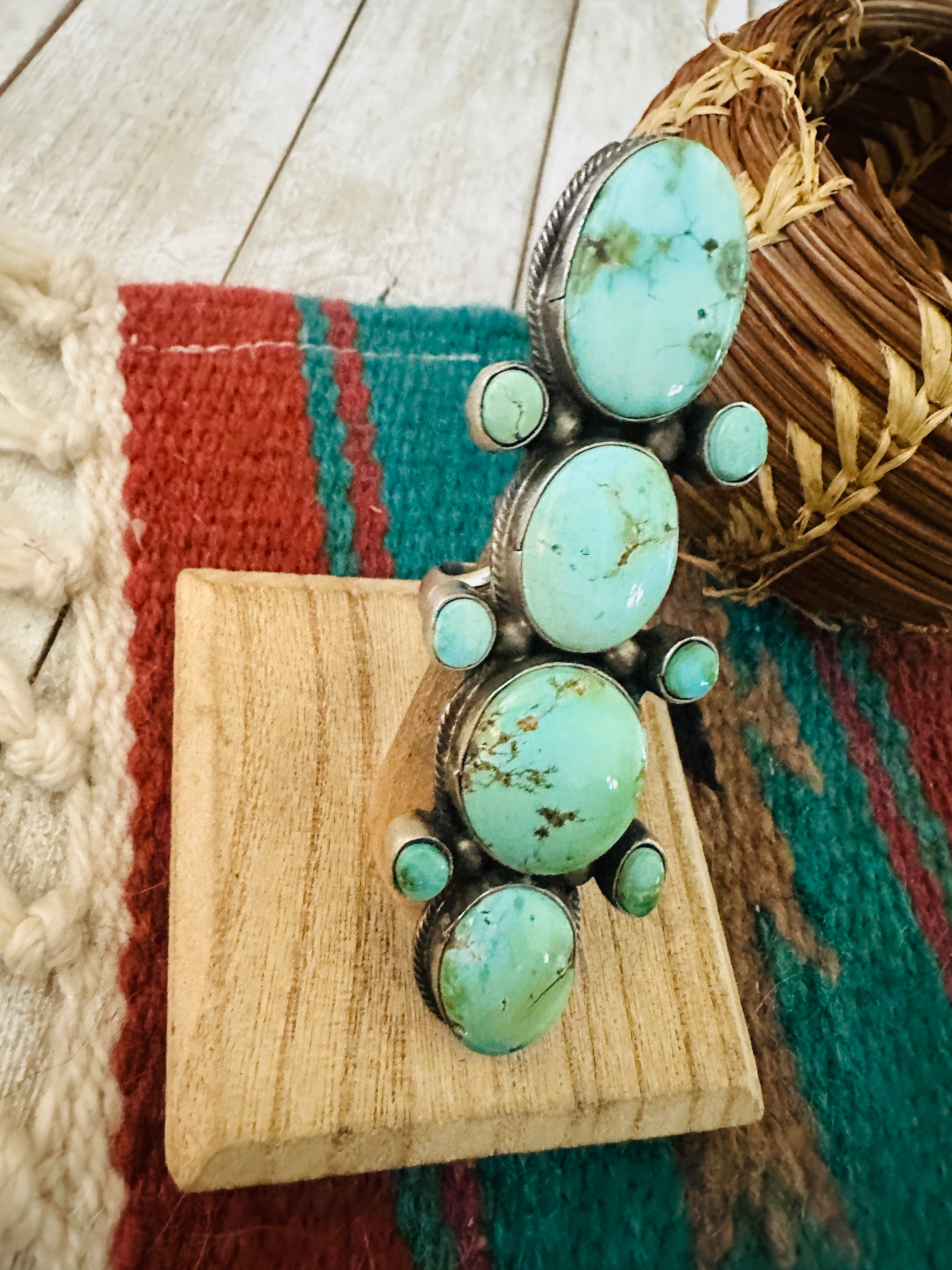 Navajo Turquoise & Sterling Silver Cluster Ring by Bobby Johnson, Size 9