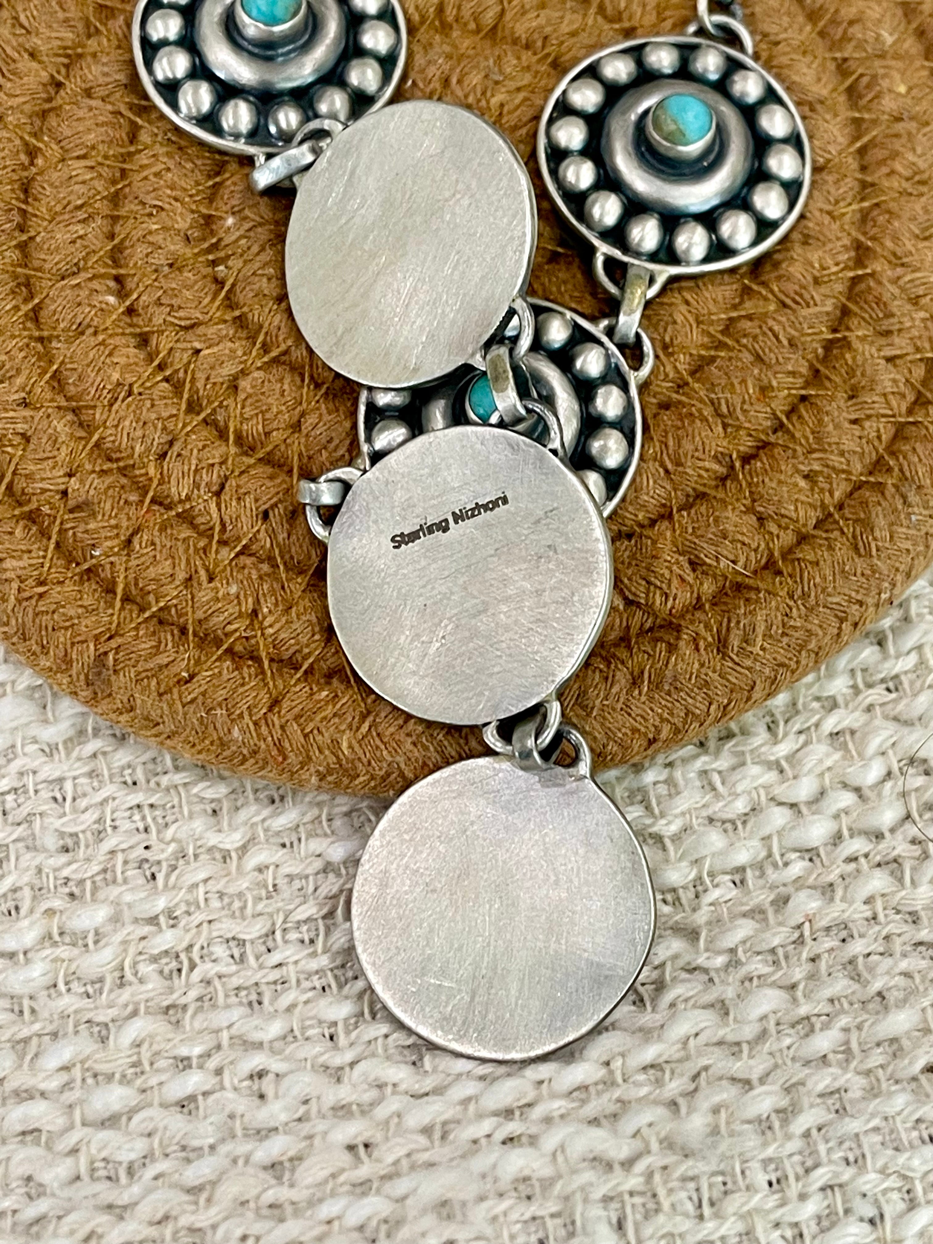 Handmade Sterling Silver Kingman Turquoise Necklace with Signed Nizhoni