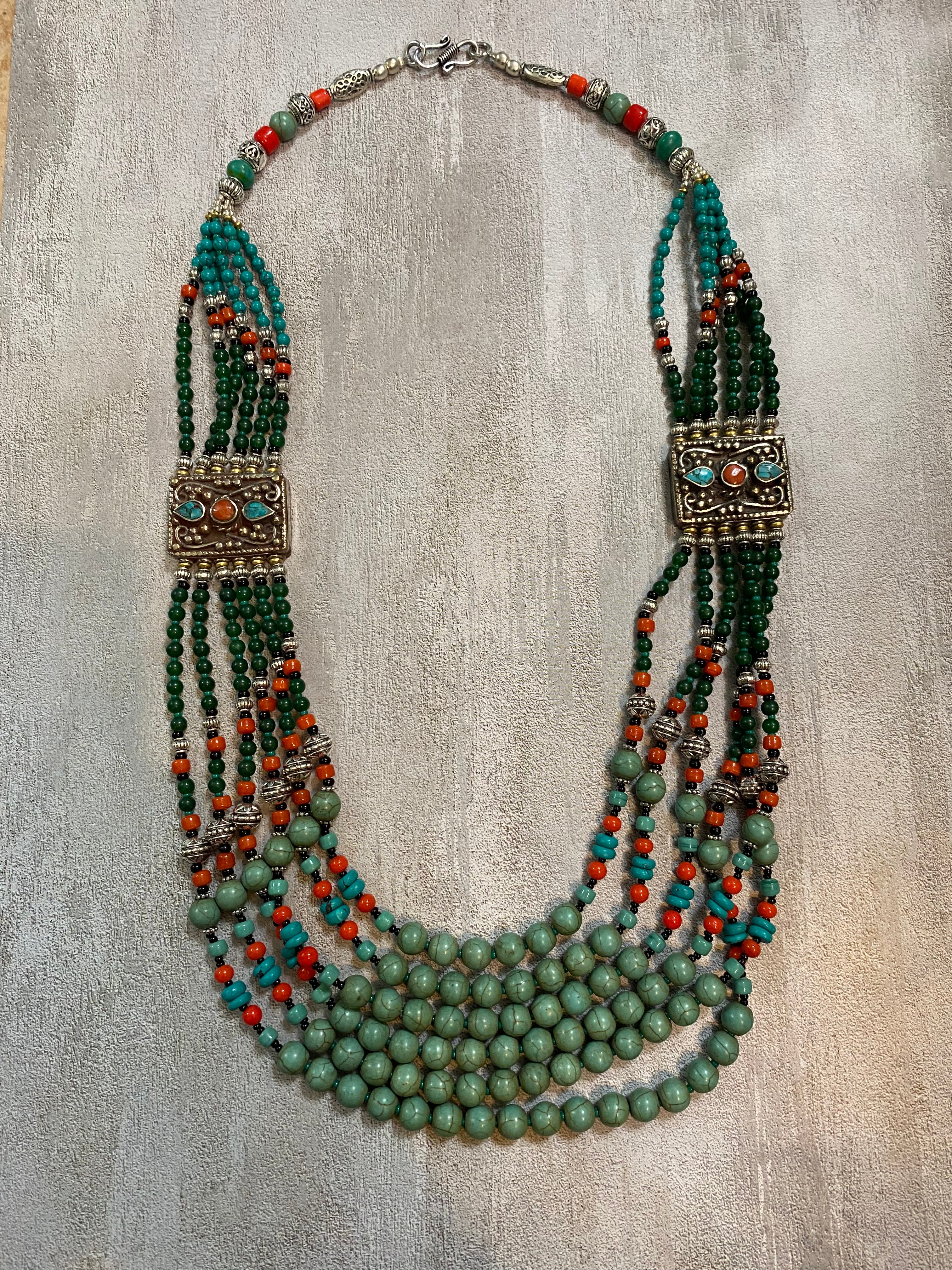 Silver Plated Tibetan Style Six Strand Turquoise & Red Coral Beaded Necklace