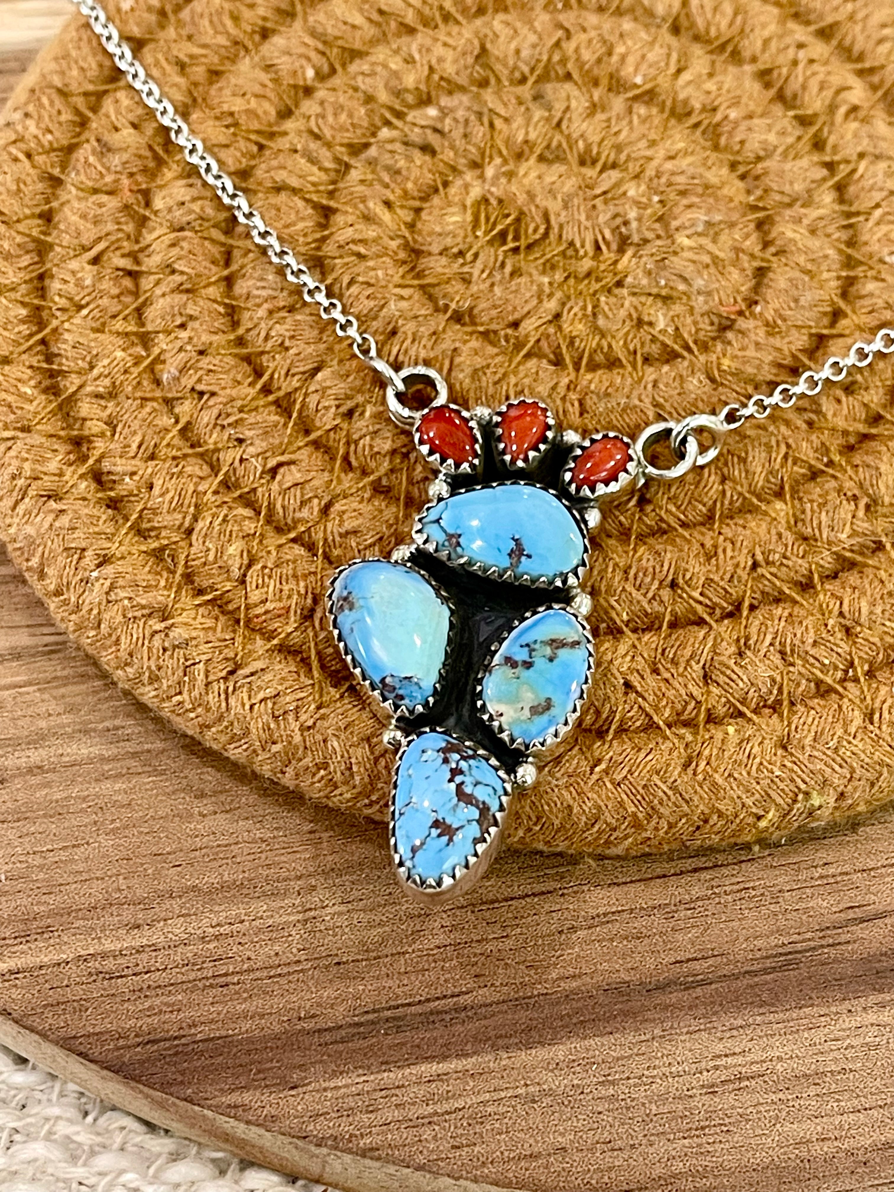 Handmade Sterling Silver, Golden Hills Turquoise & Coral Necklace Signed Nizhoni