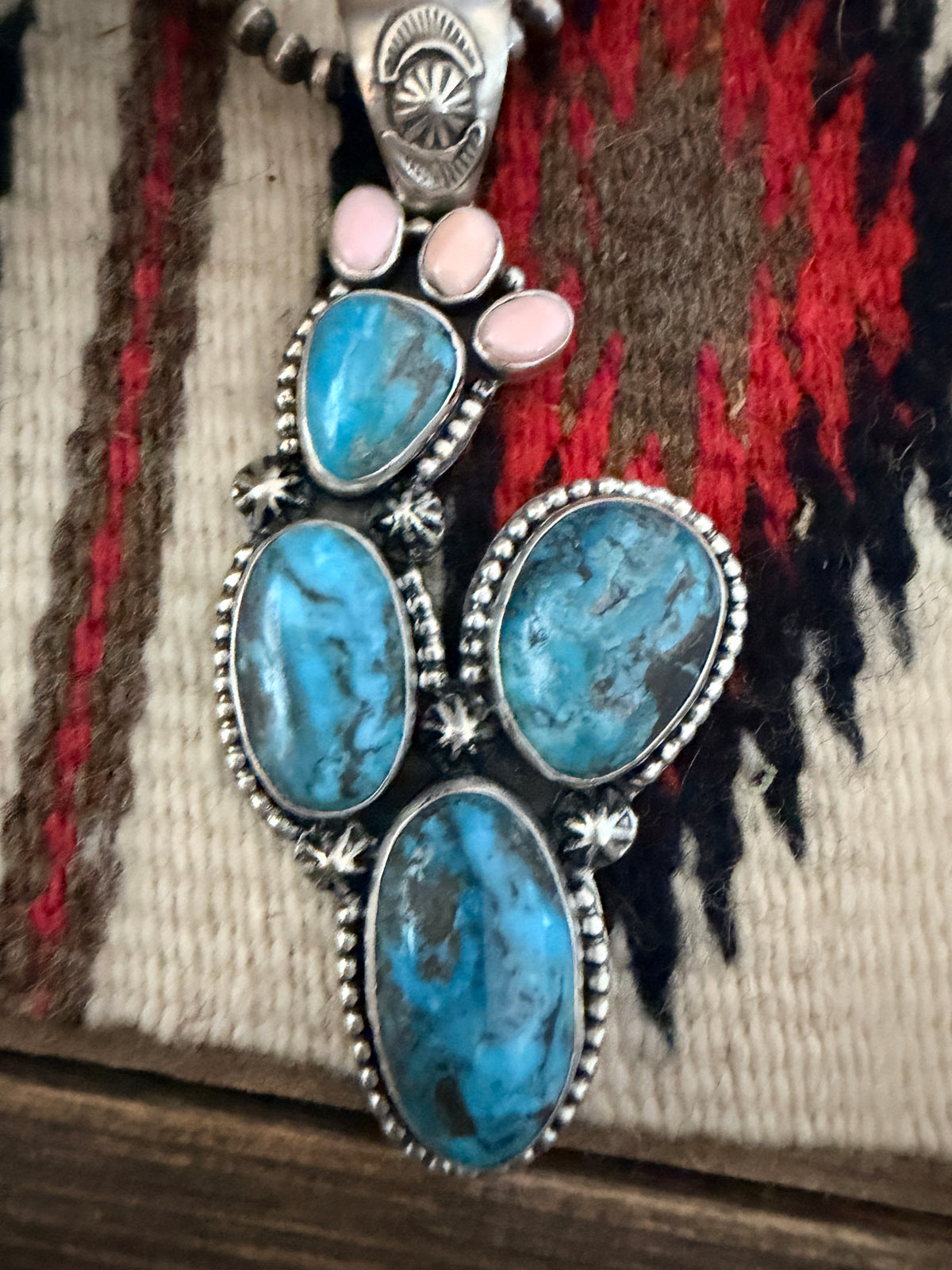 Handcrafted Sterling Silver, Turquoise & Queen Pink Conch Cactus Pendant by Larry Kaye