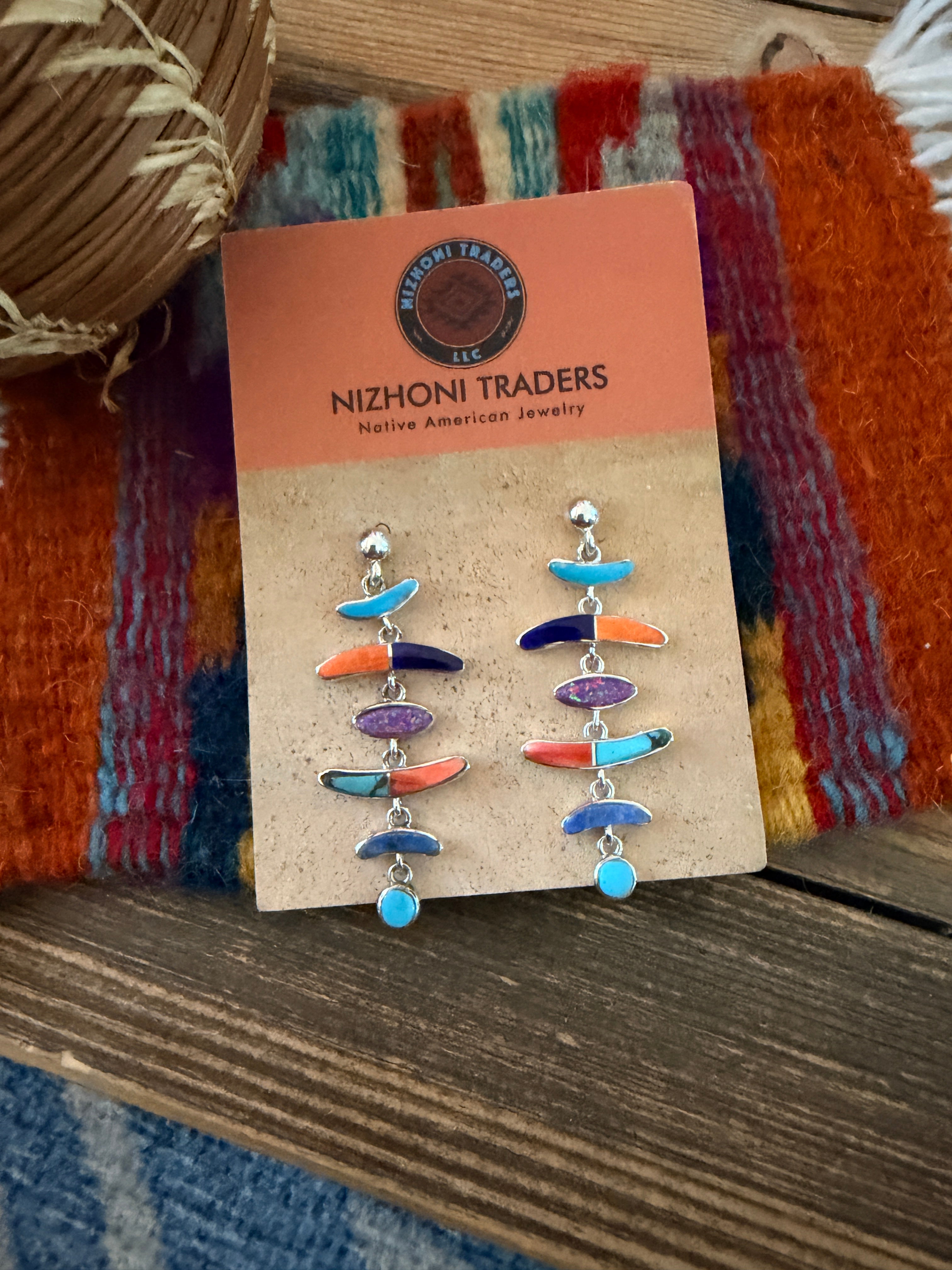 Handcrafted Multi Stone & Sterling Silver Chandelier Dangle Earrings by Valerie Yazzie