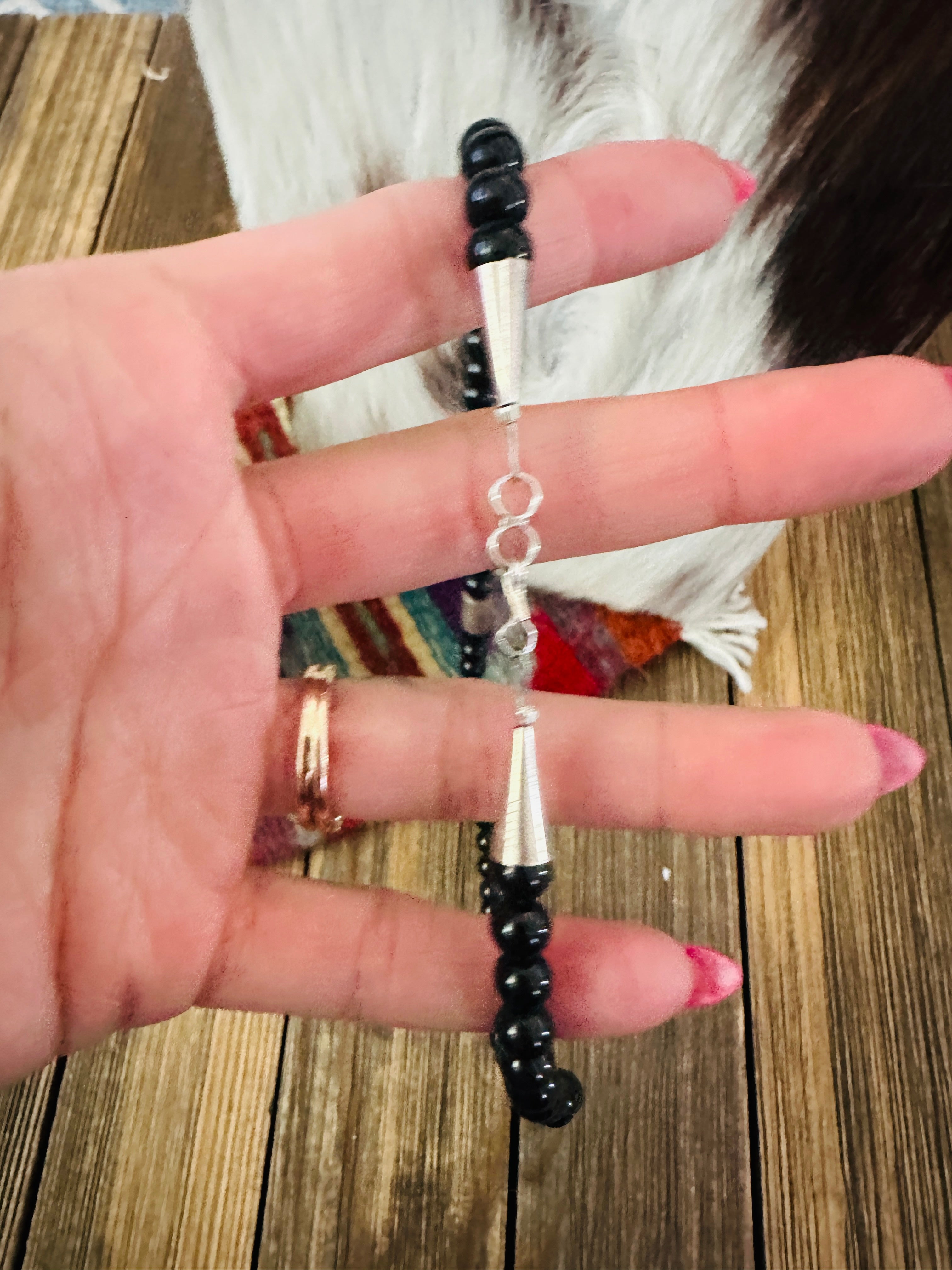 Handcrafted Black Onyx & Sterling Silver Beaded 16” Necklace by T & R Singer