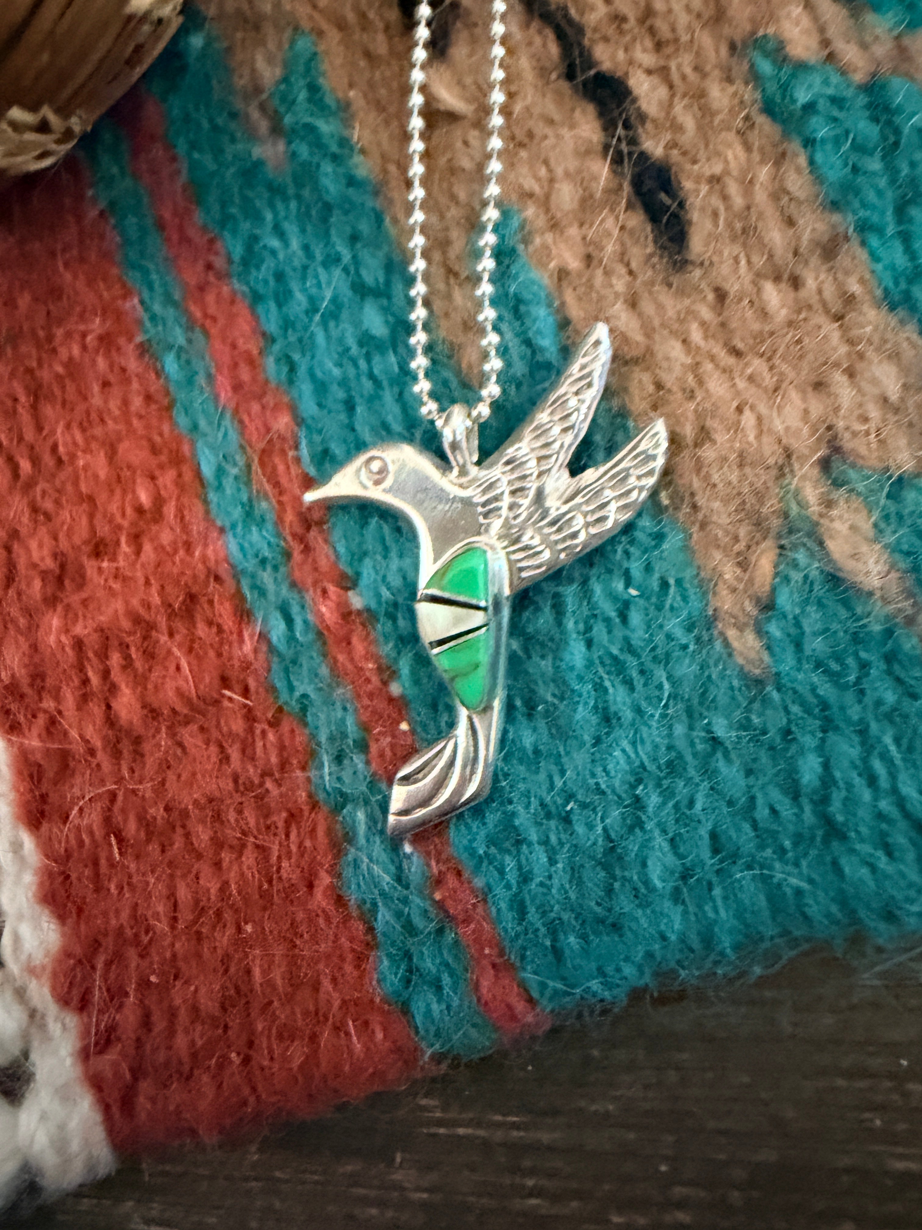 Handcrafted Sterling Silver and Multi Stone Inlay Hummingbird Pendant